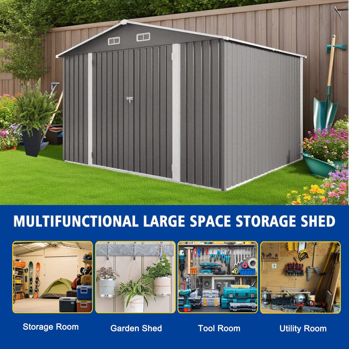 10 X 8 FT Outdoor Storage Shed Large Metal Storage Shed Lockable Door And Air - Image 2