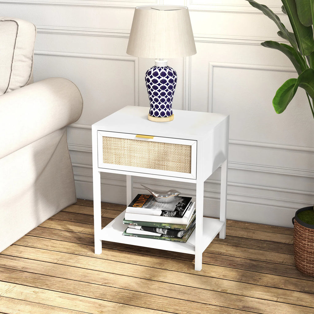 Boho Nightstand Bedside Table with Rattan Drawer and Open Shelf Side End - Image 4