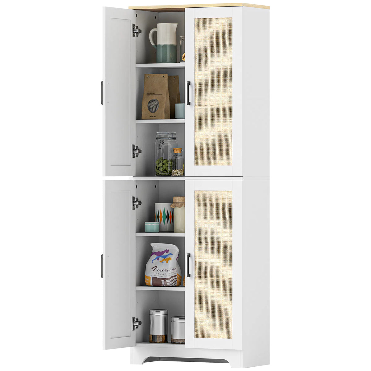 67" Tall Kitchen Pantry Freestanding Kitchen Storage Cabinet with 4 Rattan - Image 3