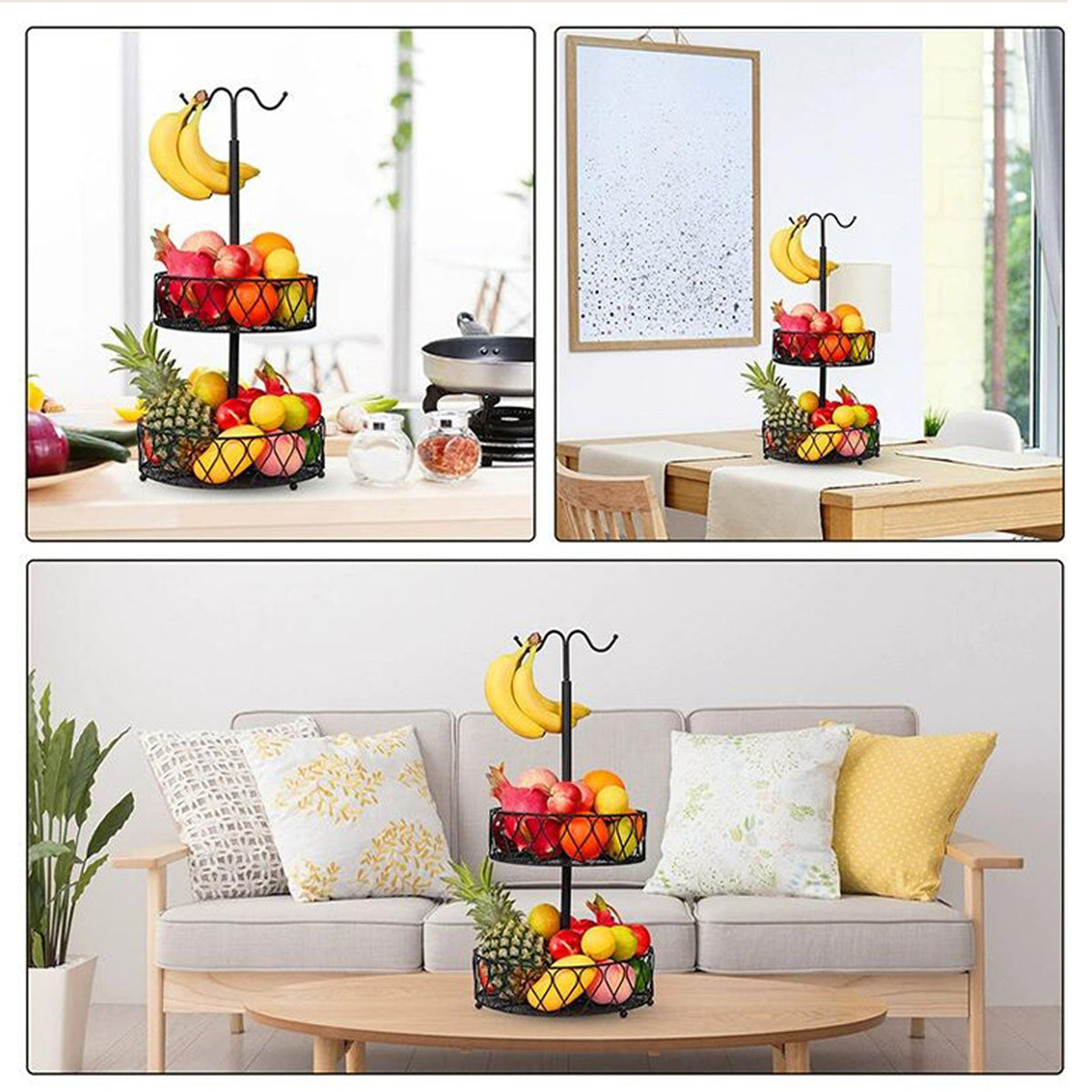 Fruit Basket With Banana Hanger Iron 2 Tier Detachable Countertop Storage - Image 3