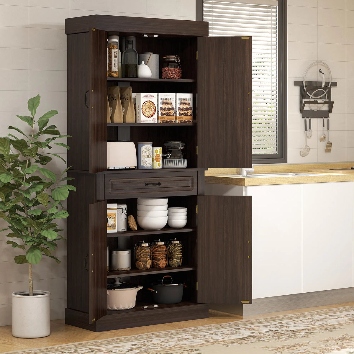 71" Freestanding Kitchen Pantry with 4 Doors and 2 Cabinets Tall Storage - Image 2