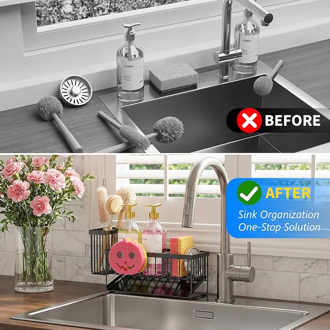 Smiley Face Kitchen Sink Caddy With Removable Brush Holder Self Draining - Image 5