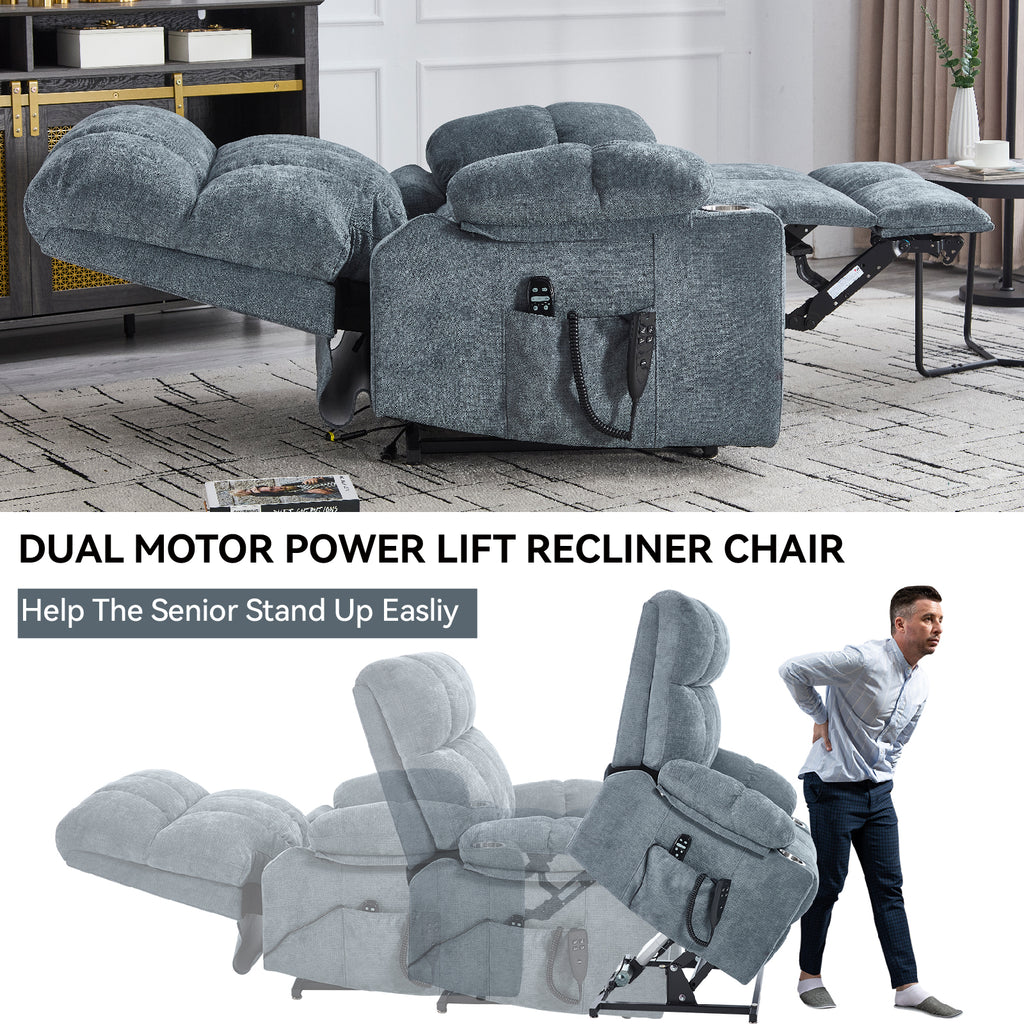 Grey Dual Motor Infinite Position Up to 350 LBS Chenille Power Lift Recliner - Image 2