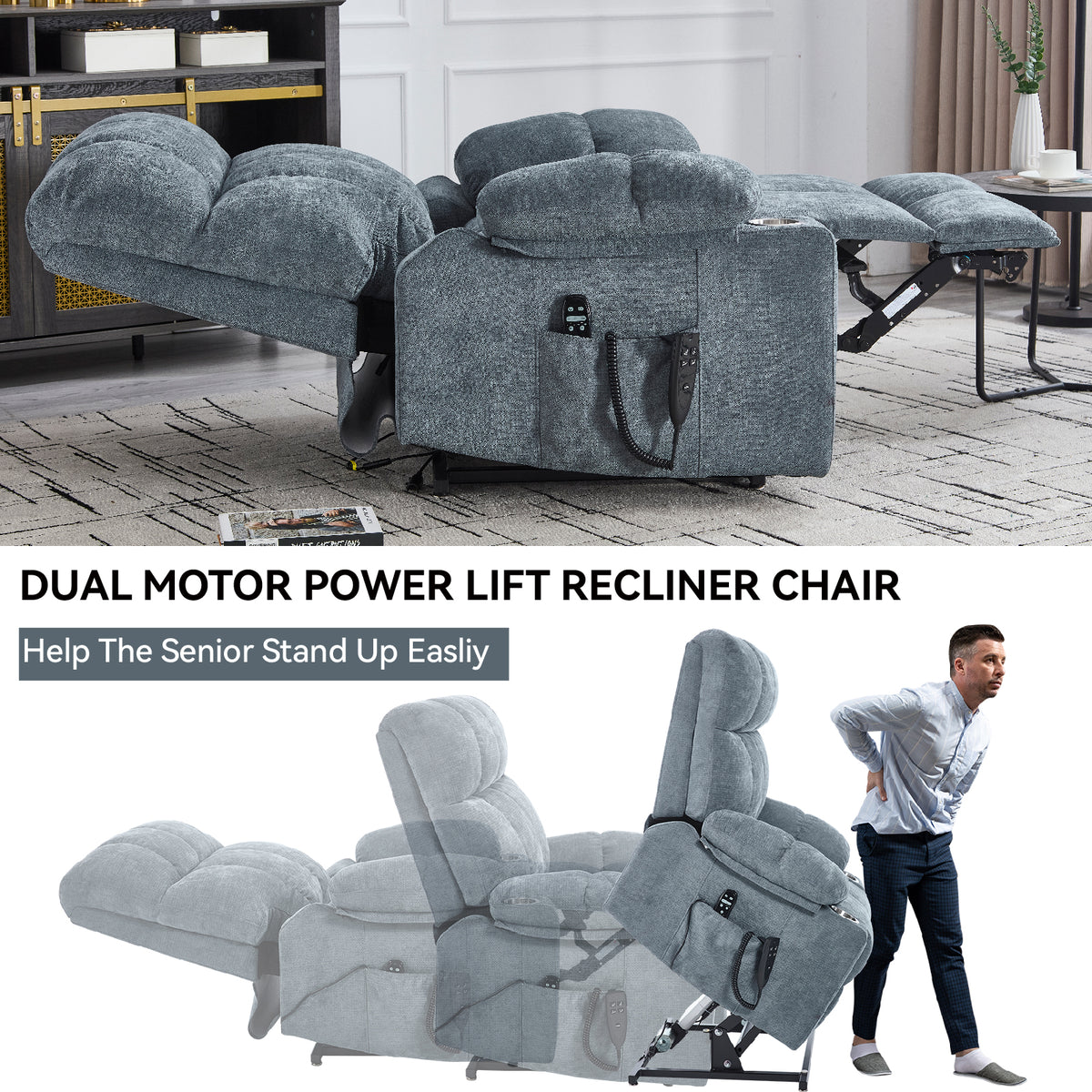 Grey Dual Motor Infinite Position Up to 350 LBS Chenille Power Lift Recliner - Image 2