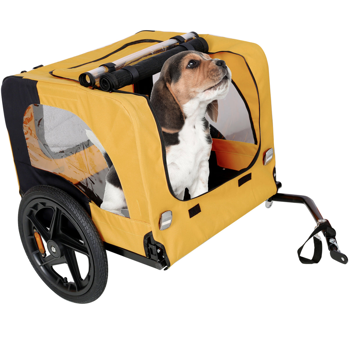 Side profile of foldable yellow dog bike trailer