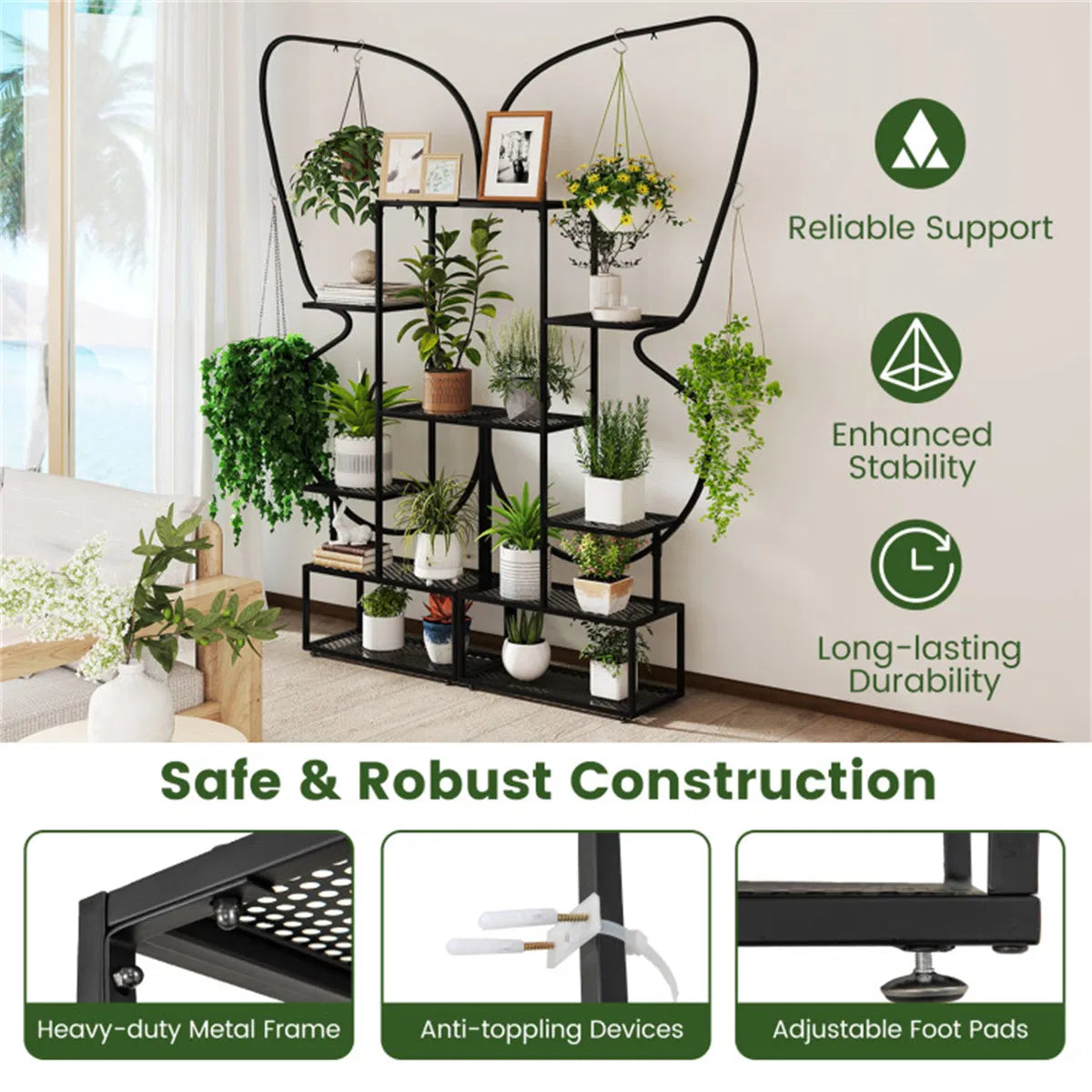 Butterfly Shape Metal Plant Stand Pack With Hanging Hooks Adjustable