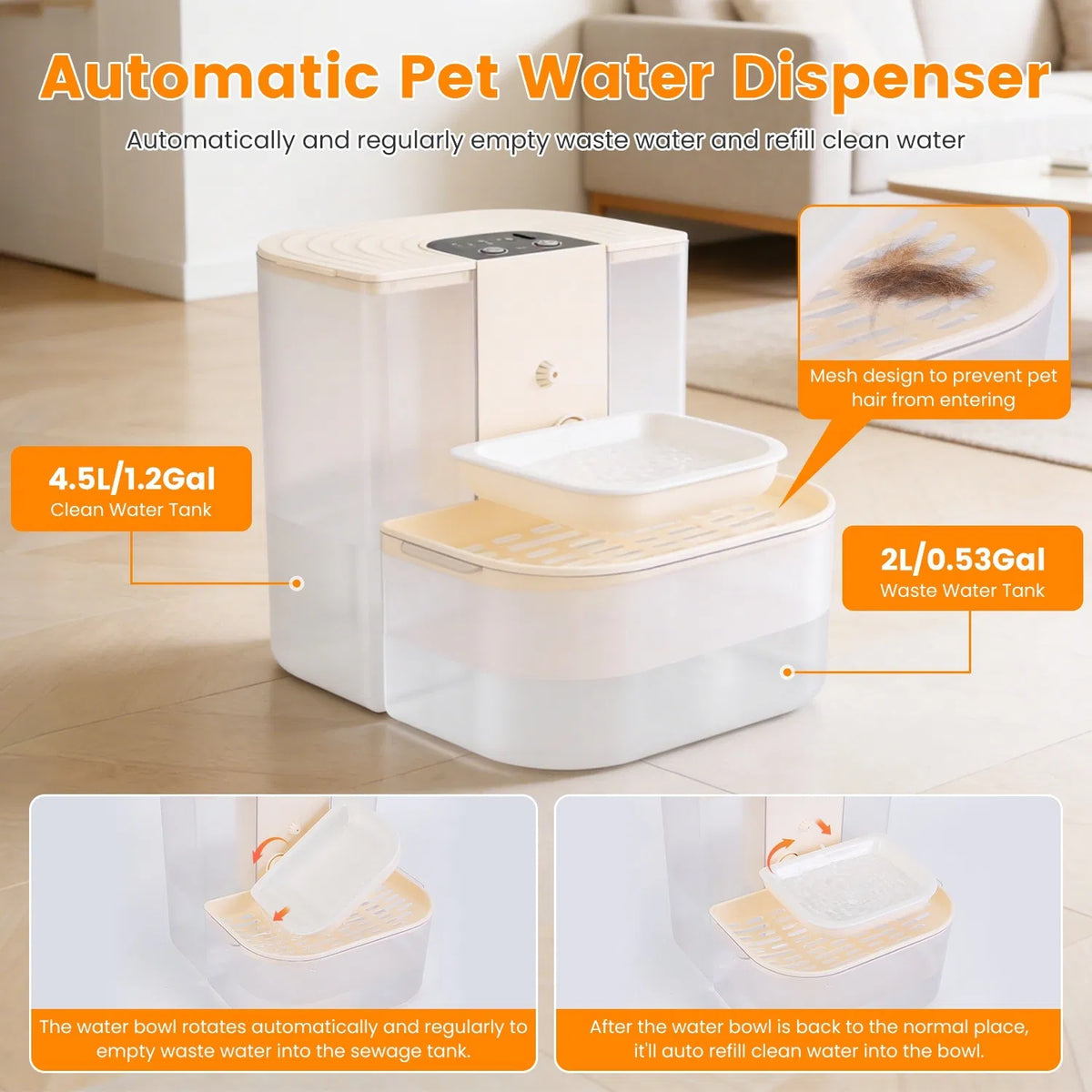 Cordless Dog Cat Water Fountain 4.5L Dual Tank Filtration Automatic Pet Water - Image 2