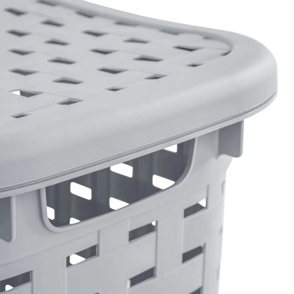 Weave Laundry Hamper with Lid Plastic Dcor Pattern and 2 Carry Handles Gray - Image 2