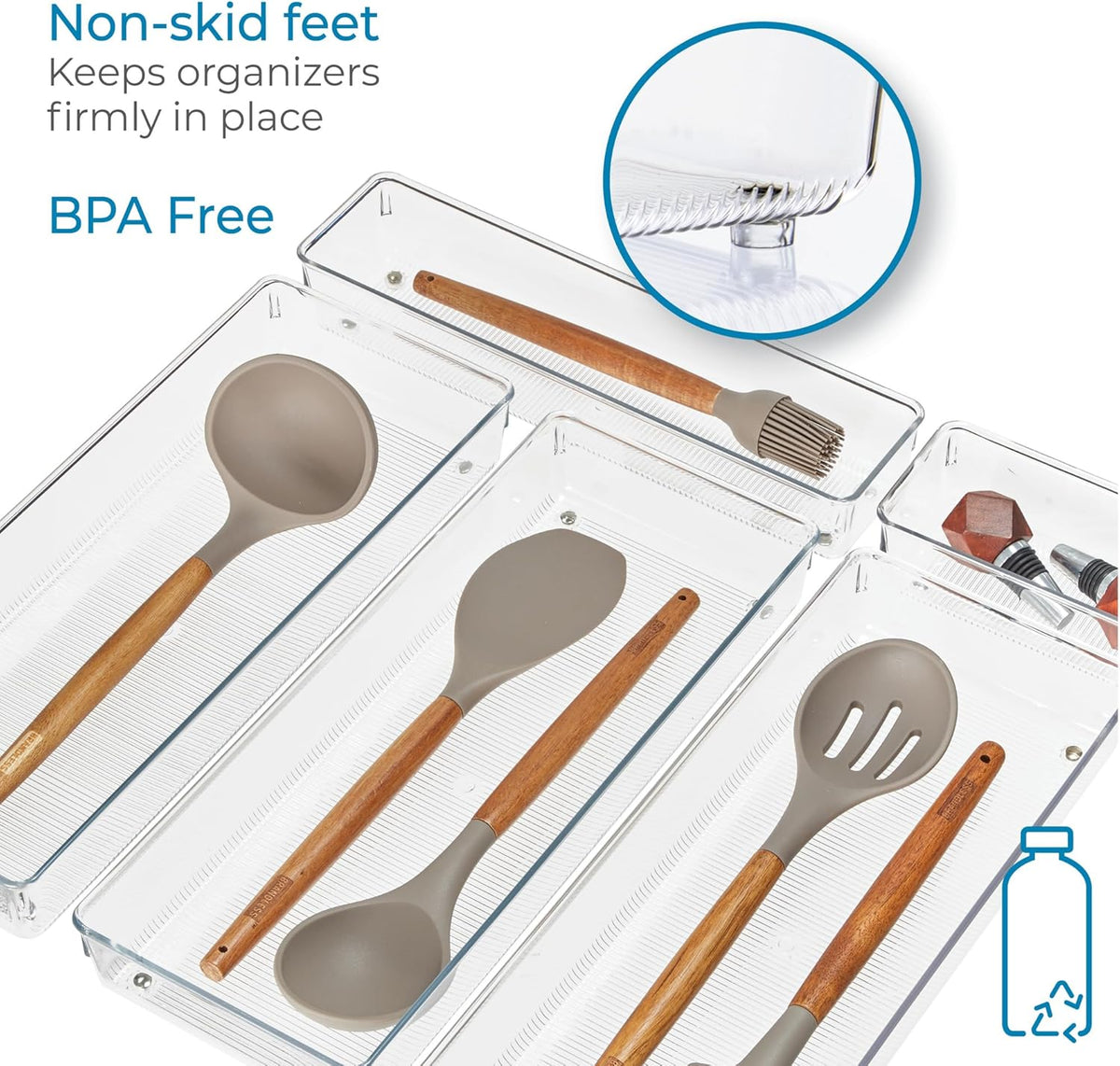 25 Piece Kitchen Drawer Organizer Set Clear Plastic Storage Trays For Utensils - Angle and Detail View