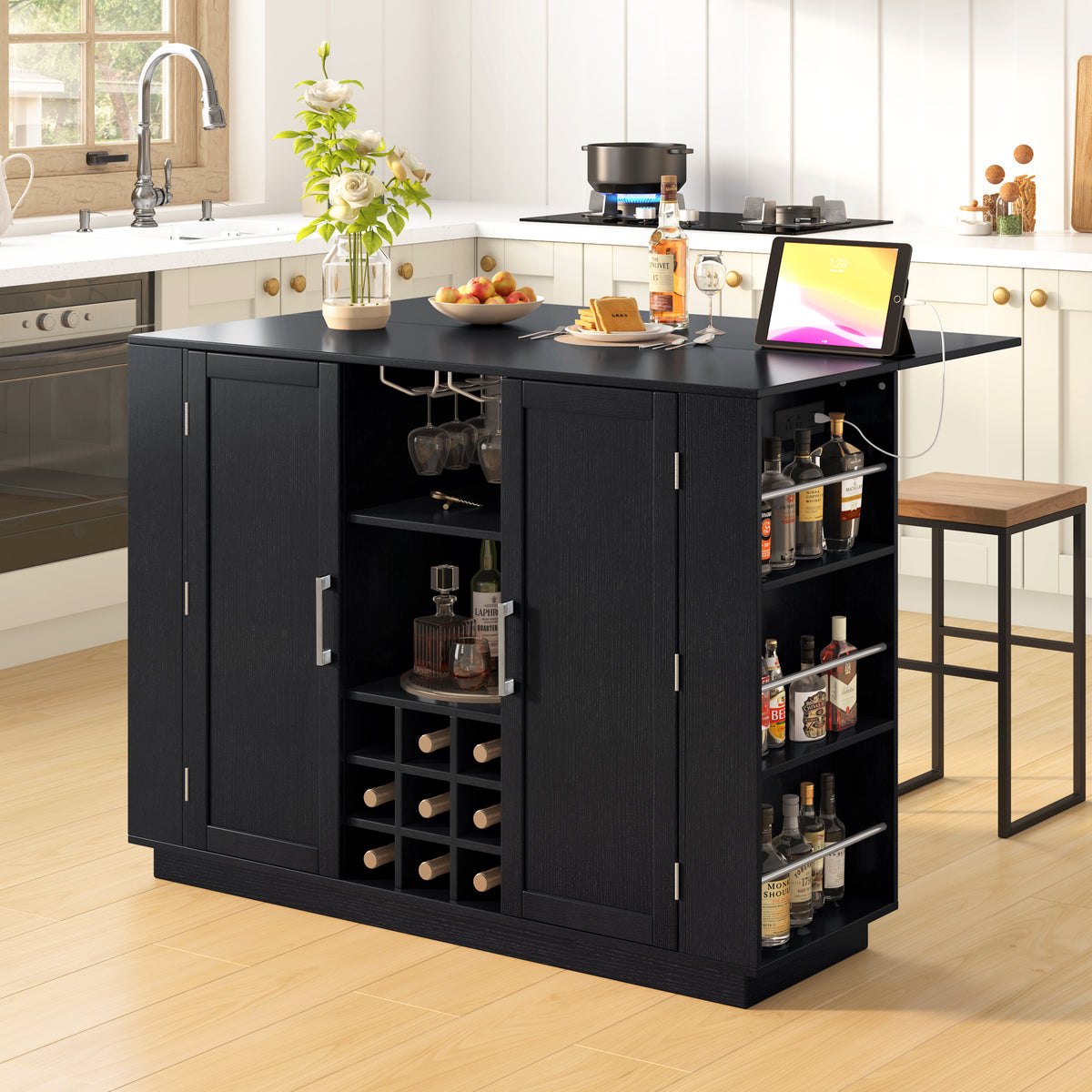 47in Kitchen Island with Drop Leaf, Wine Rack and Side Storage
