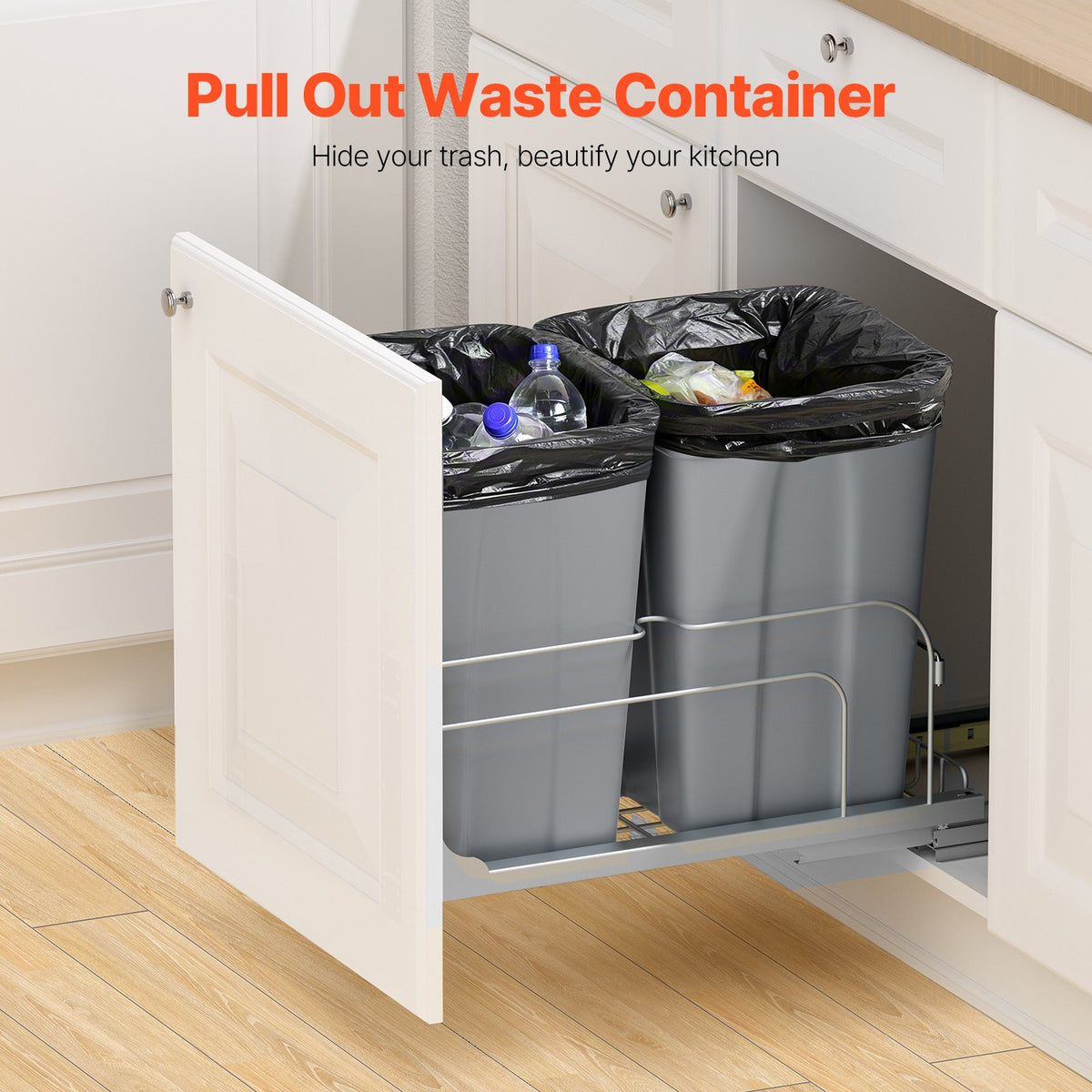 Double Pullout Waste Container Kitchen Trash Can With Soft Close Grey 27QTx2 - Image 2