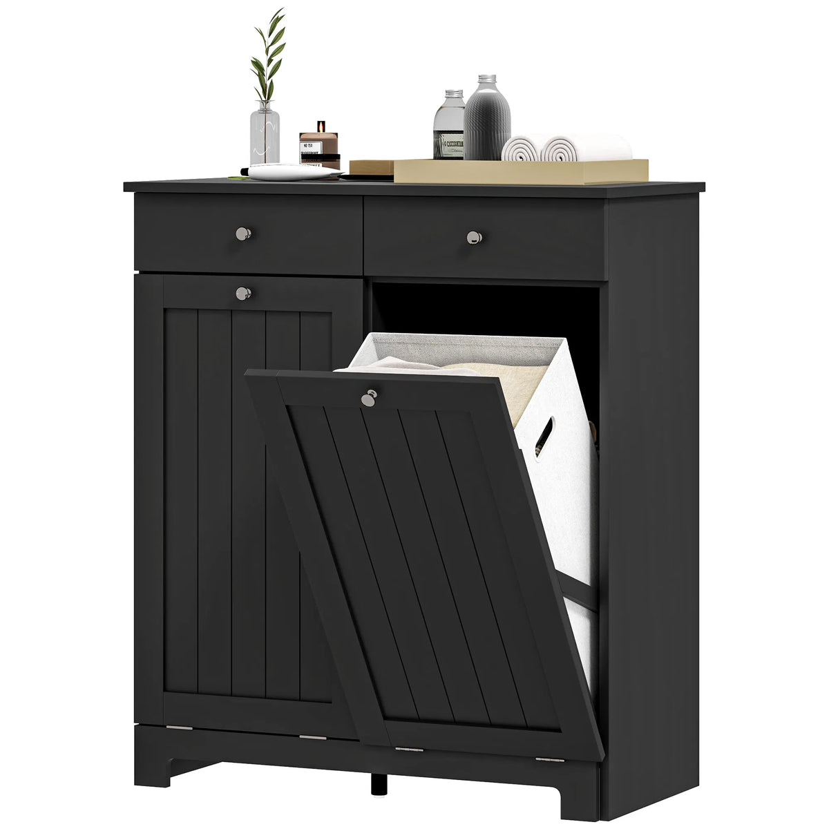 Laundry Cabinet Tilt Out Laundry Hamper Cabinet with 2 Baskets Bathroom - Image 4