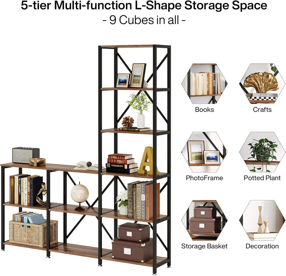 5-Tier L-Shaped Multifunctional Bookshelf