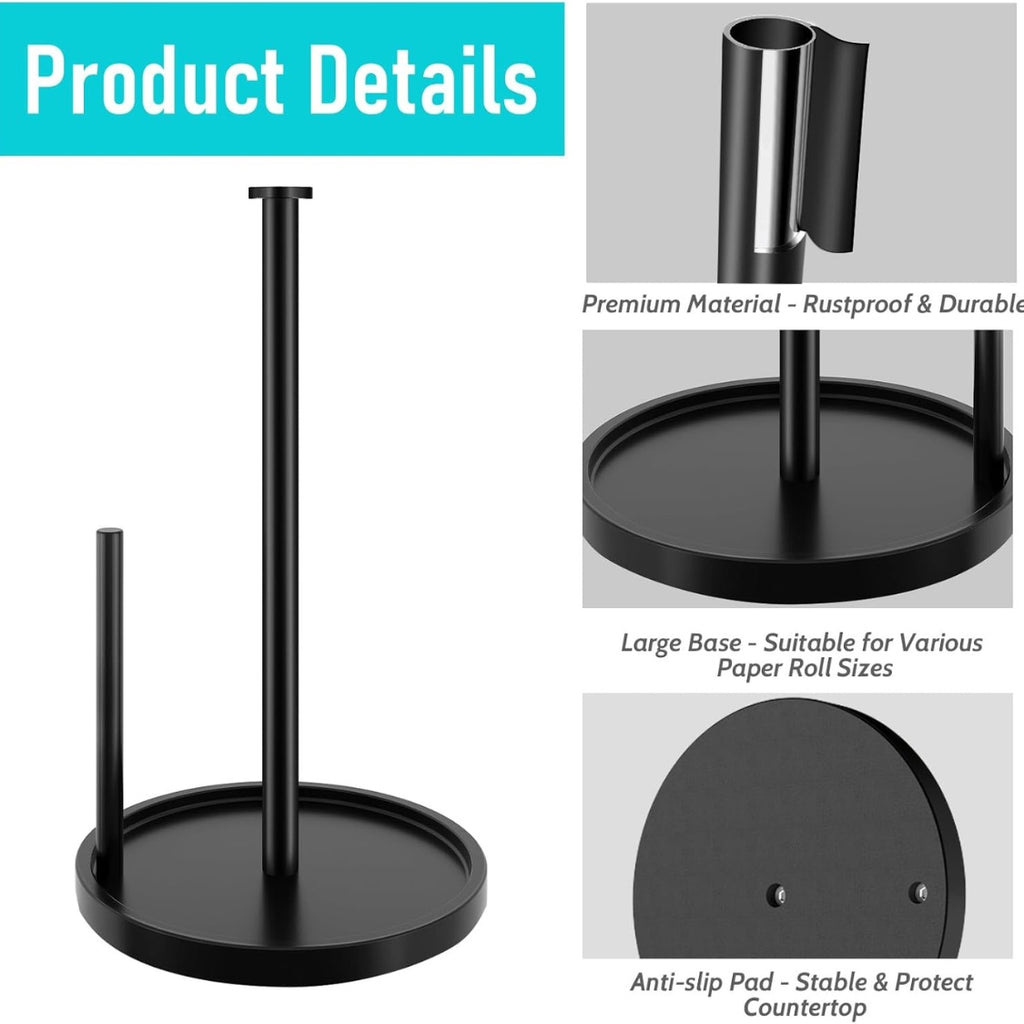 Paper Towel Holder Countertop Standing Roll With Anti Slip Weighted Base - In-Use and Feature Display