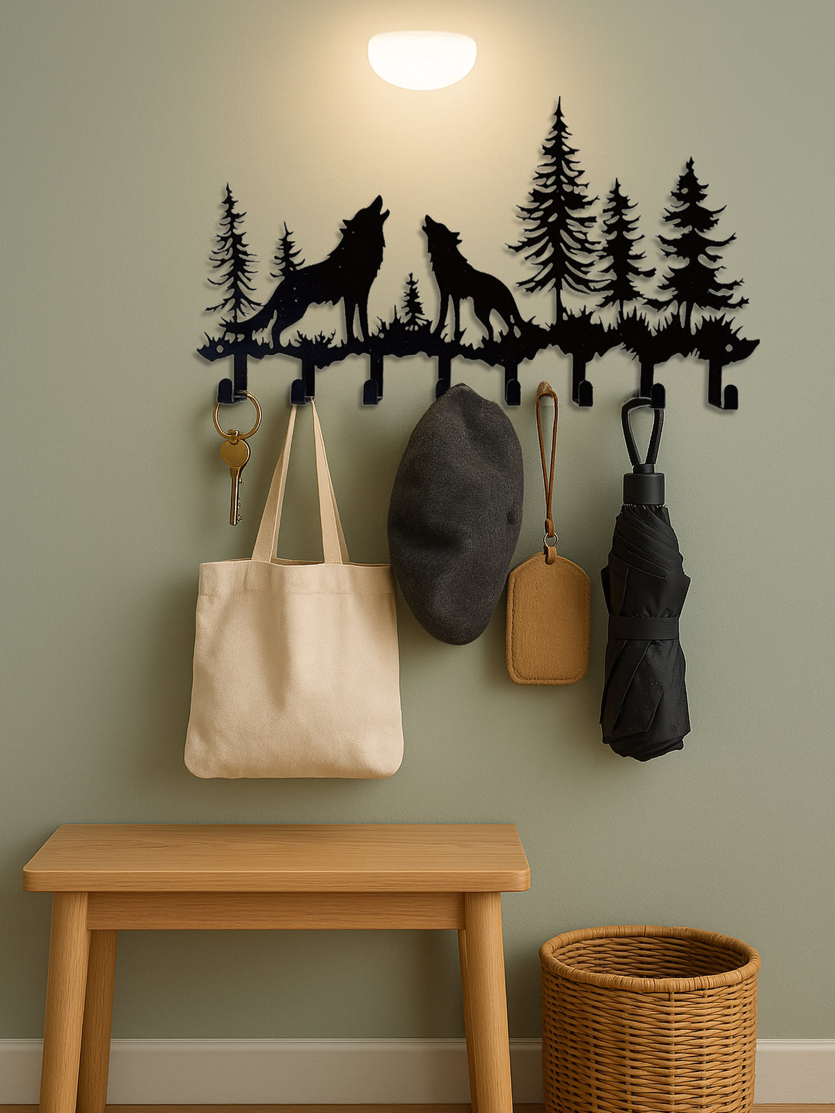 rustic wolf wall-mounted key holder with hooks