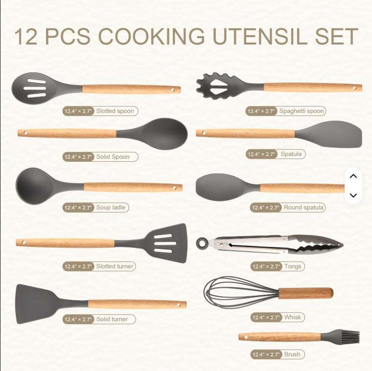 Non Stick Silicon 12 Pcs Heat Resistant Wooden Handle Kitchen Cooking - Image 2