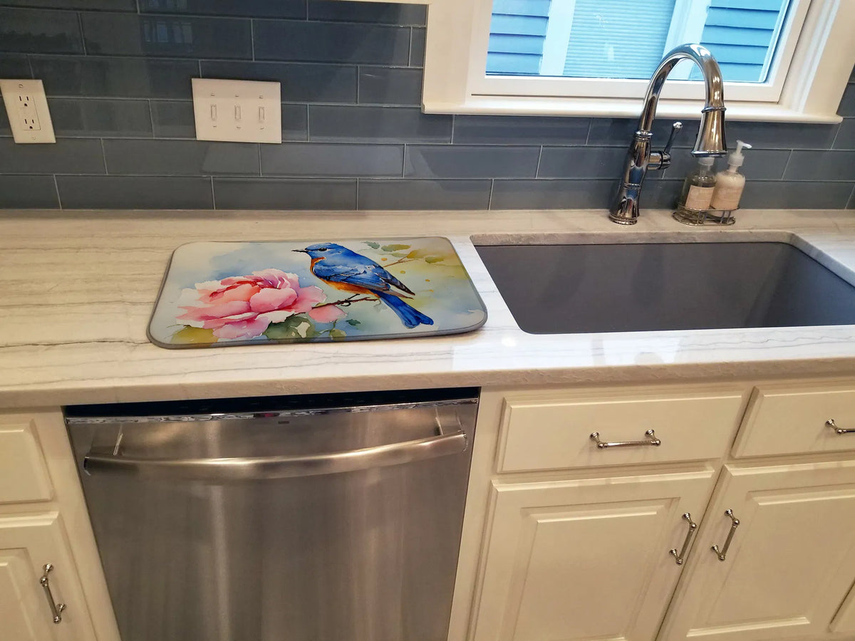 14 x 21" Bluebird Dish Drying Mat Absorbent Pad For Kitchen Counter Drainer Countertop - In-Use and Feature Display