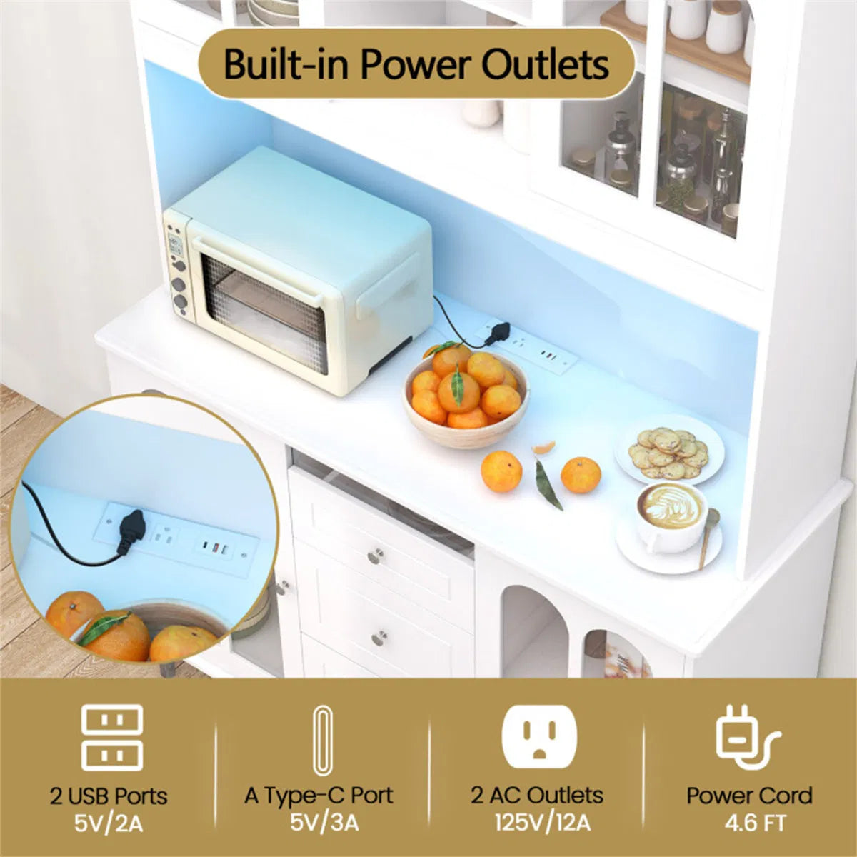 73 Inch White Kitchen Pantry Cabinet with Customizable LED Lights & Built in - Image 2