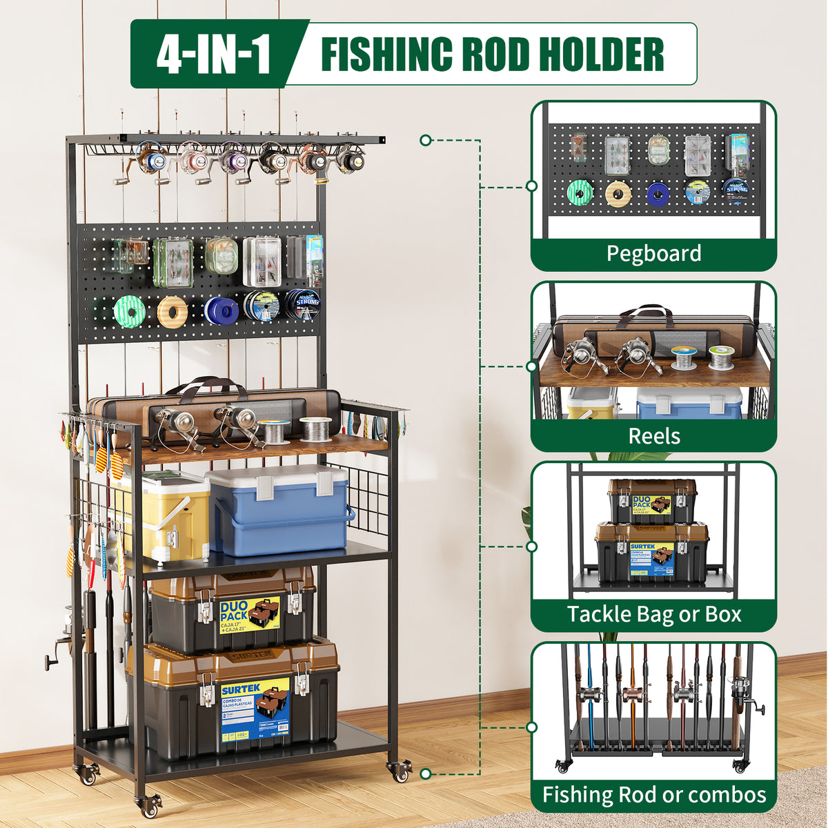 Fishing Rod Storage Rack With Pegboard Rolling Tackle Organizer Cart - Image 3