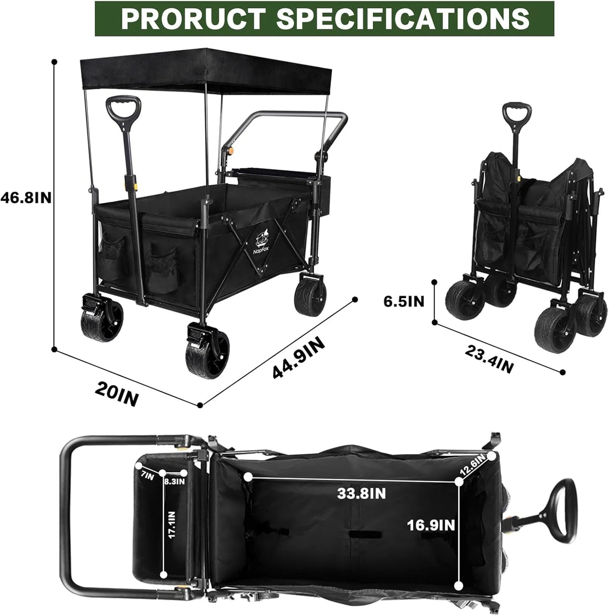 Collapsible Wagon Heavy Duty Wagons Carts Foldable with Removable Canopy - Image 4