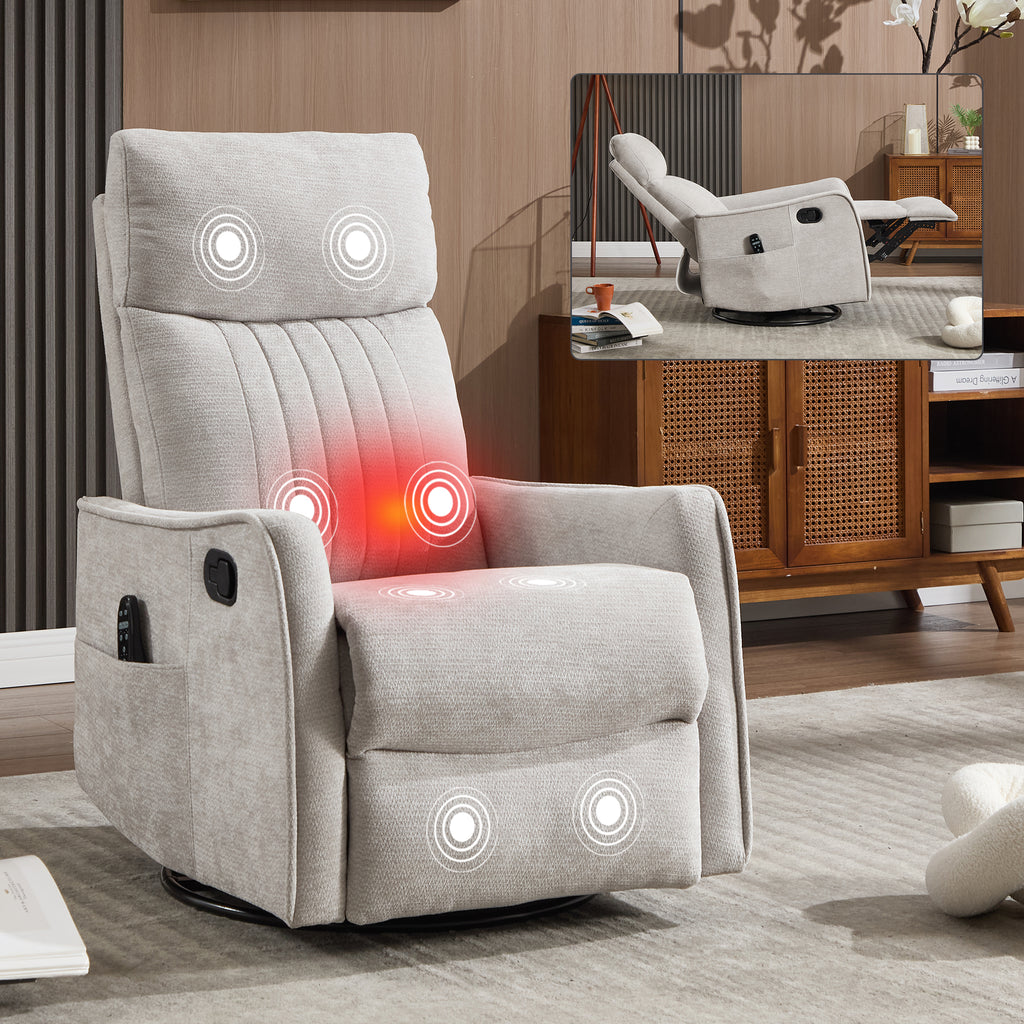 Light Grey Heat Massage Manual Recliner Chair with Rocker and Swivel in Fabric