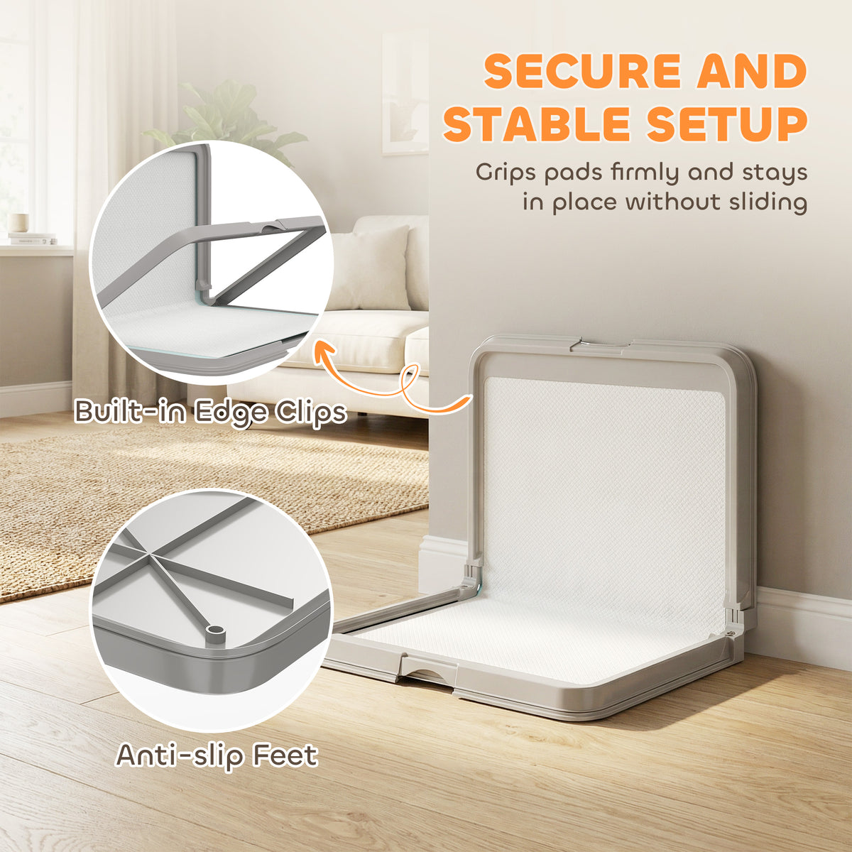 Pee Pad Holder Foldable Dog Litter Box with 3 Disposable Pads 33.9" x 24.4" Gray - Image 2
