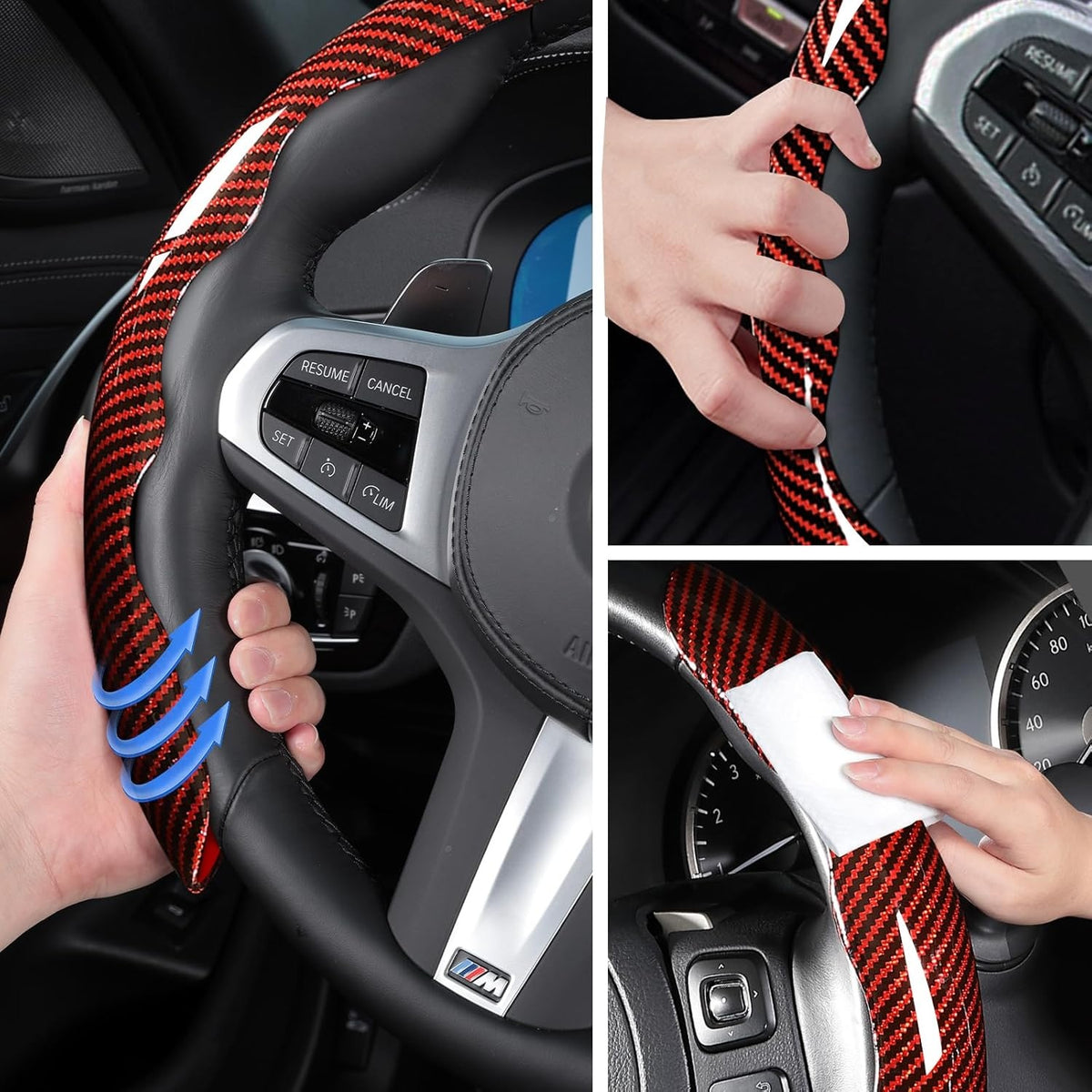 Car Steering Wheel Cover Set Bright Carbon Fiber Wrap Non Slip 3pcs - Image 2