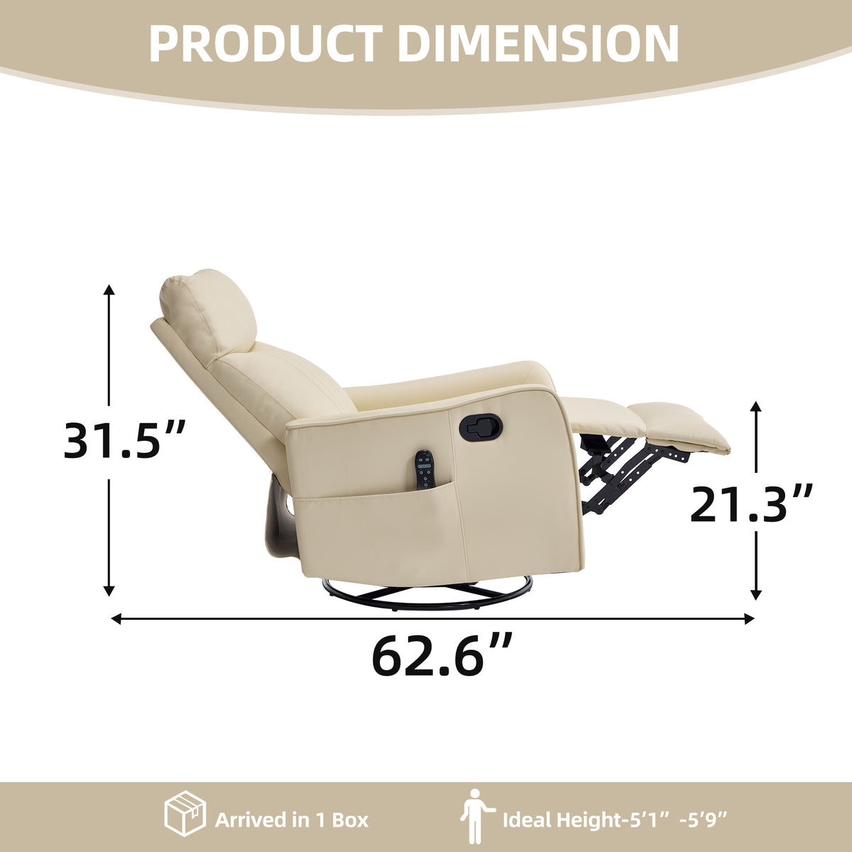 Beige Heat Massage Manual Recliner Chair with Rocker and Swivel in Faux Leather - Image 3