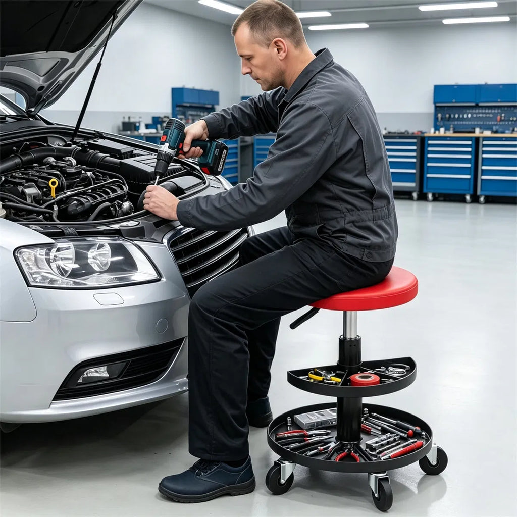 Adjustable Pneumatic Rolling Mechanic Stool with 2 Tier Tool Tray Red - Image 10