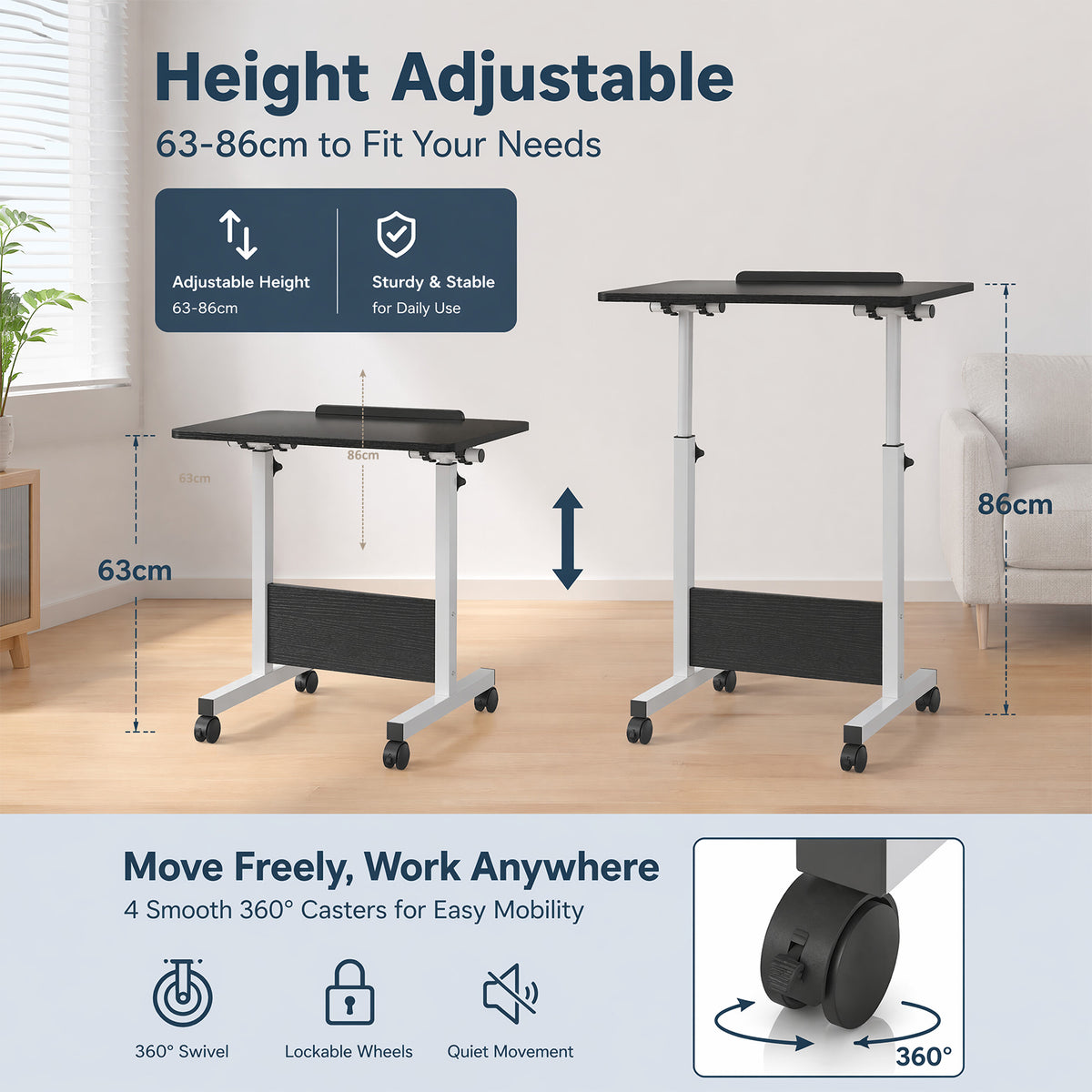 Computer Desk Folding Rolling Multifunction Table With Height Adjustment 90