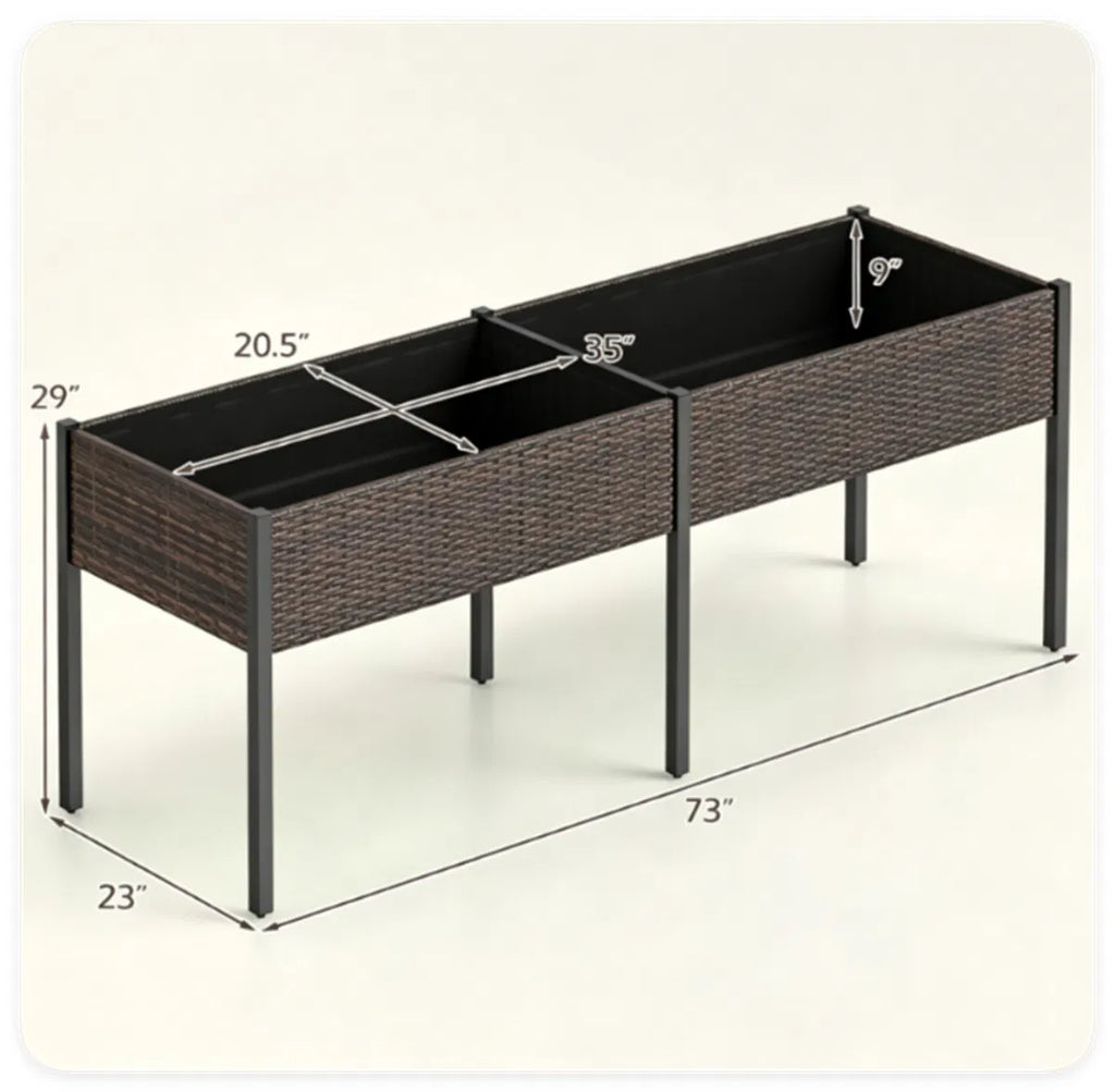 2 Section PE Rattan Raised Garden Bed 29" Ergonomic Elevated Planter Box with