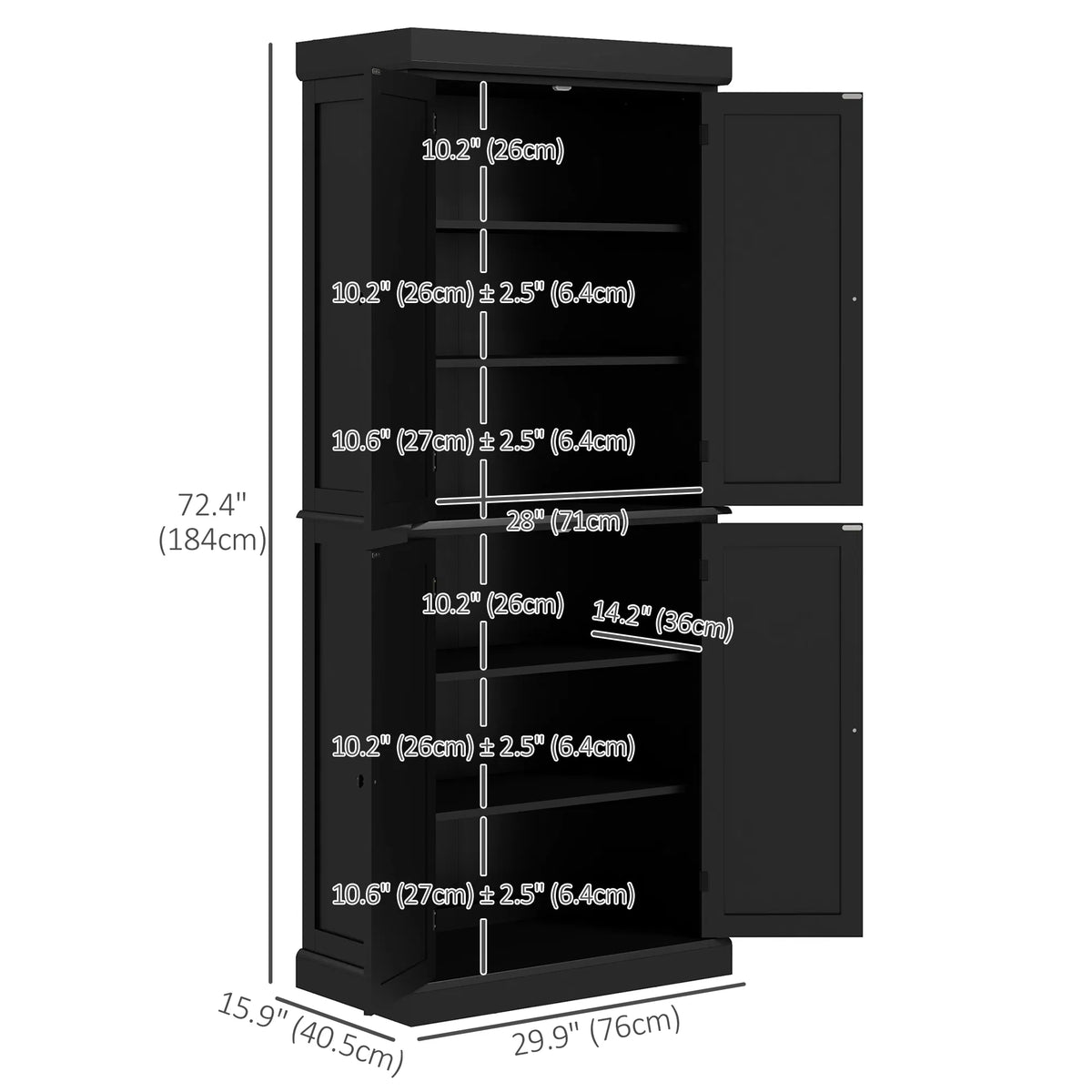 72.5" Freestanding Kitchen Pantry Cabinet with 4 Doors Black - Image 5