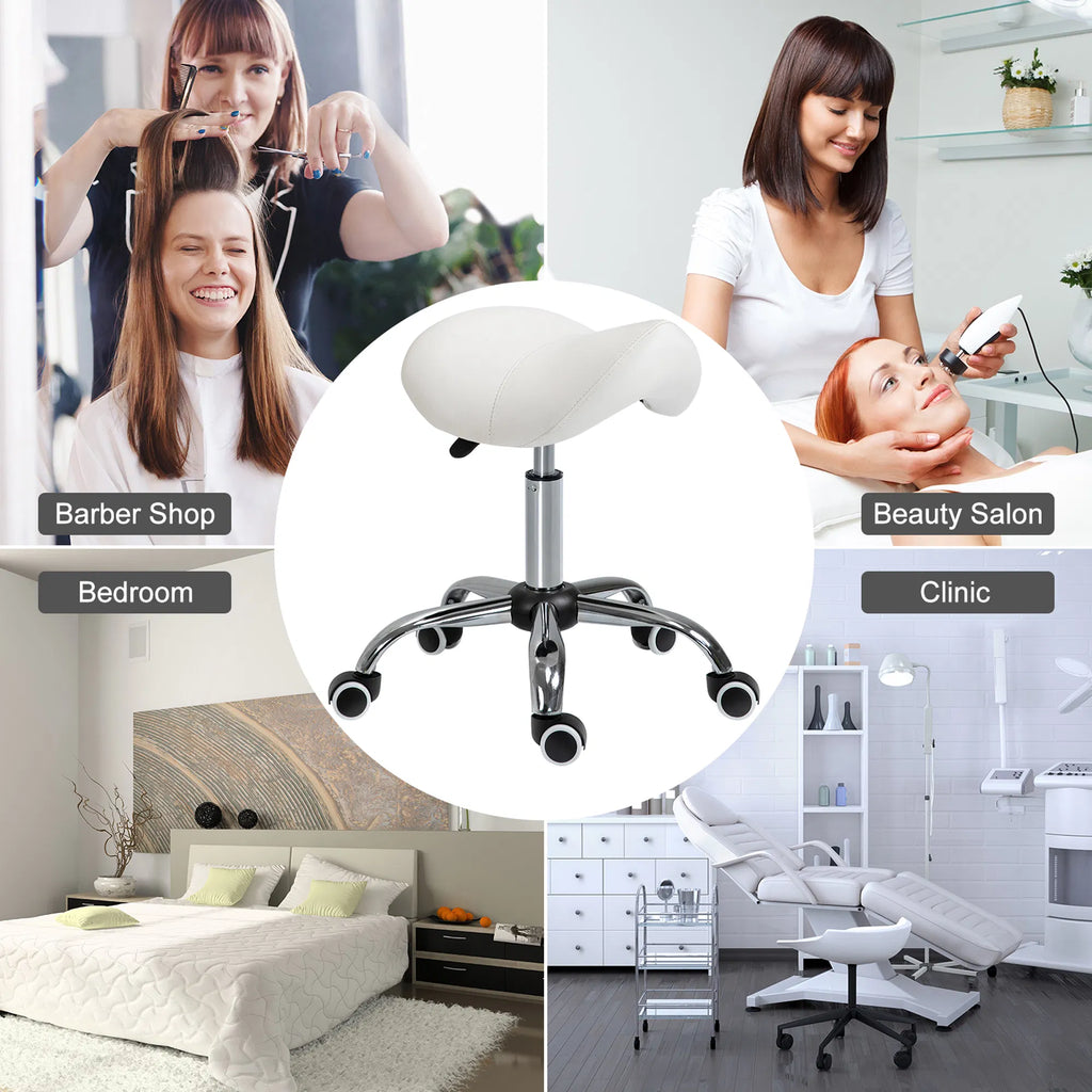 Cream White Rolling Salon Stool: Adjustable Hydraulic Swivel Saddle Chair PU