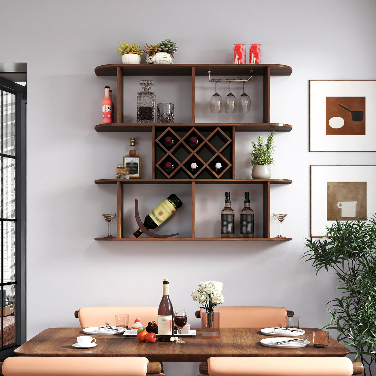 Large Wall Mounted 3 Tier Rustic Bottle Wine Rack Wooden Storage With Glass - Image 4