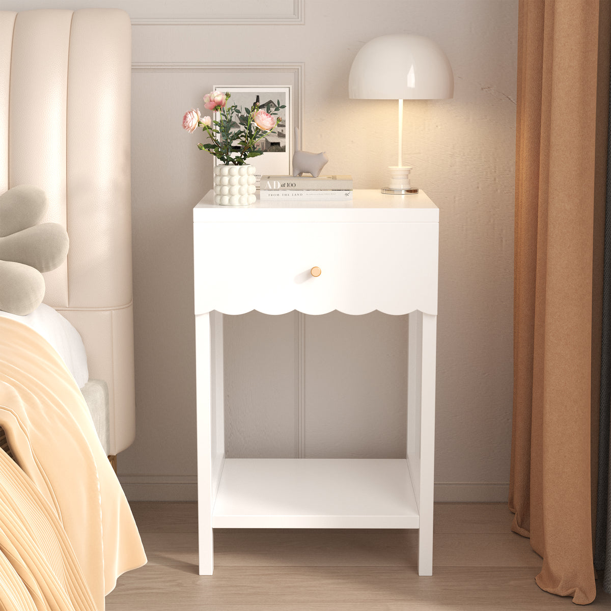 White Scalloped Nightstand with Drawer and Open Shelf