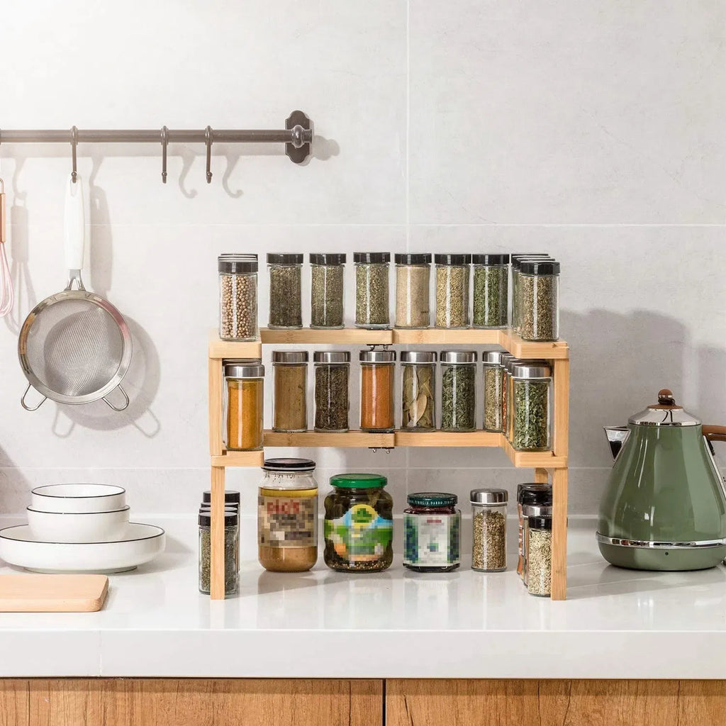 2 Tier Kitchen Spice Rack Expandable Bamboo Spice Organizer Cabinet Stackable - Image 2