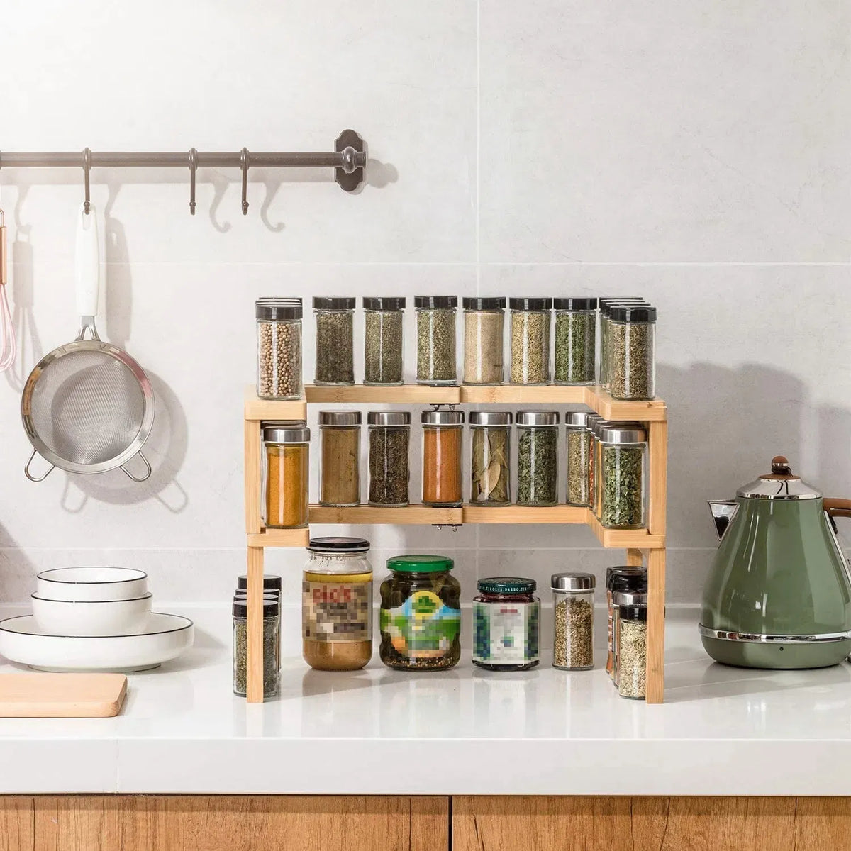 2 Tier Kitchen Spice Rack Expandable Bamboo Spice Organizer Cabinet Stackable - Image 2