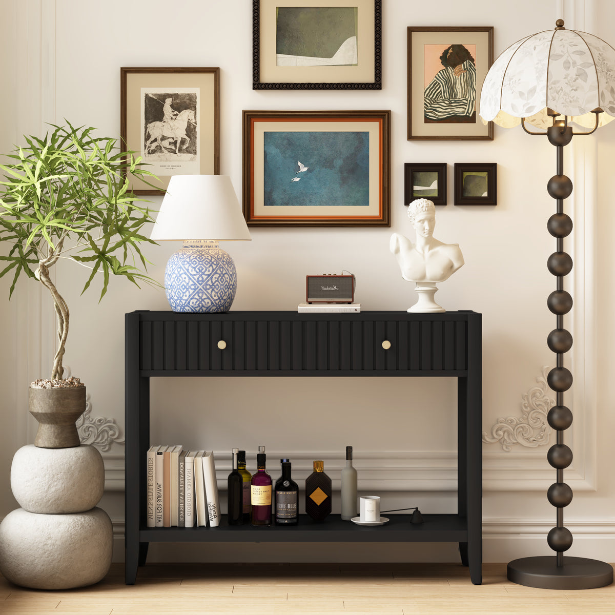 Black Narrow Console Table with Drawers and Storage Shelf