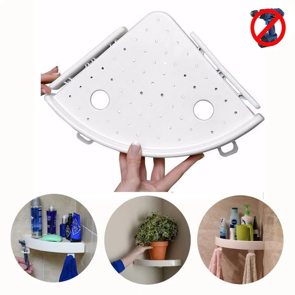 Bathroom Wall Corner Shelf Organizer Kitchen Storage Rack Non Marking - Angle and Detail View