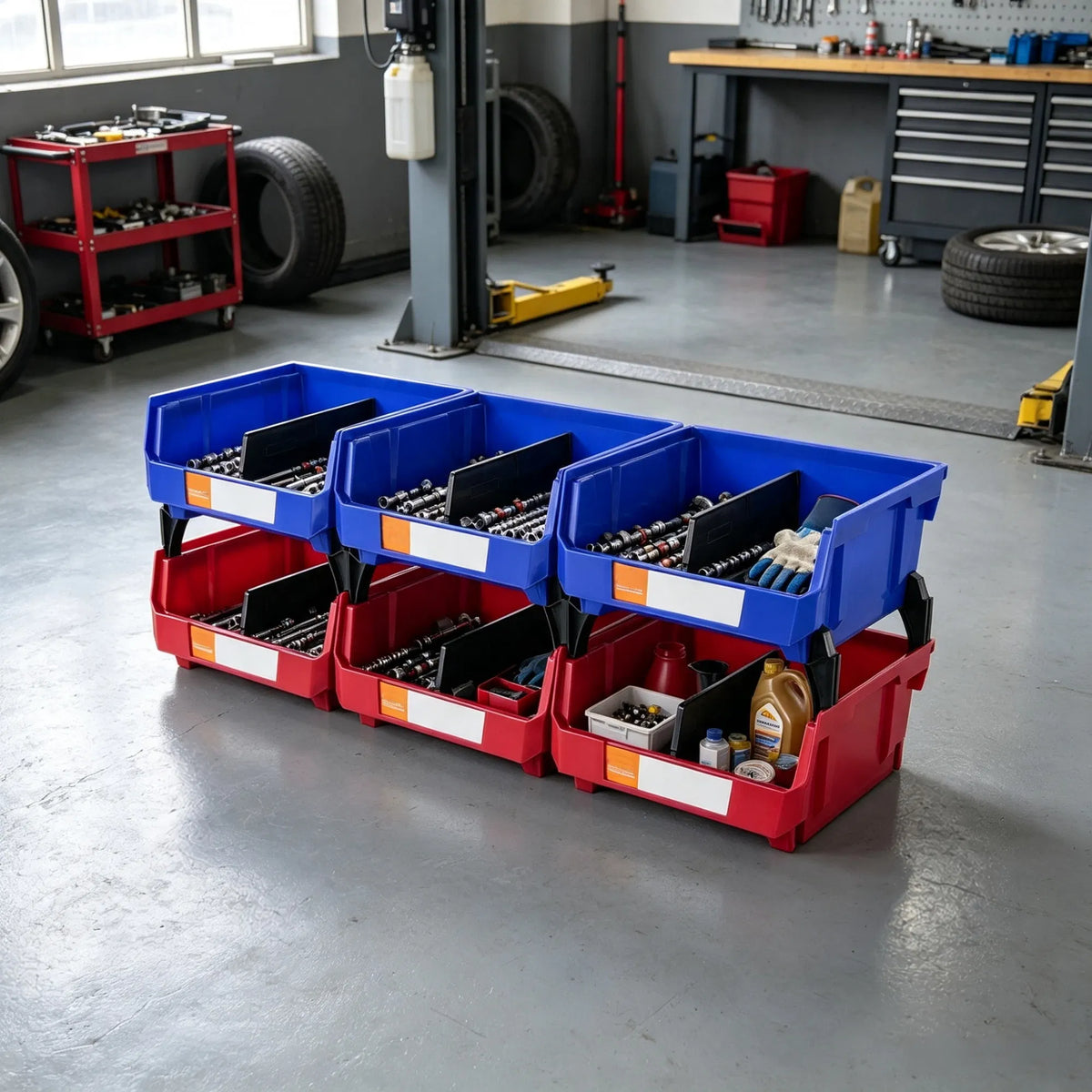 6-pack plastic storage bin 11" packaging and components