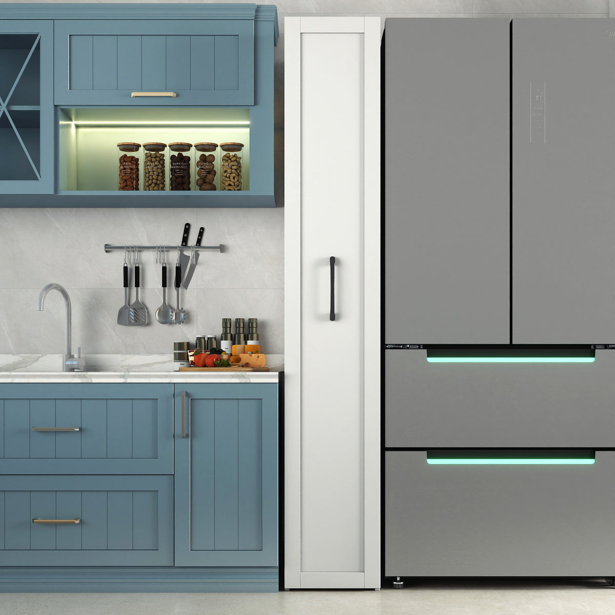 70-Inch Slim White Rolling Kitchen Storage Cabinet