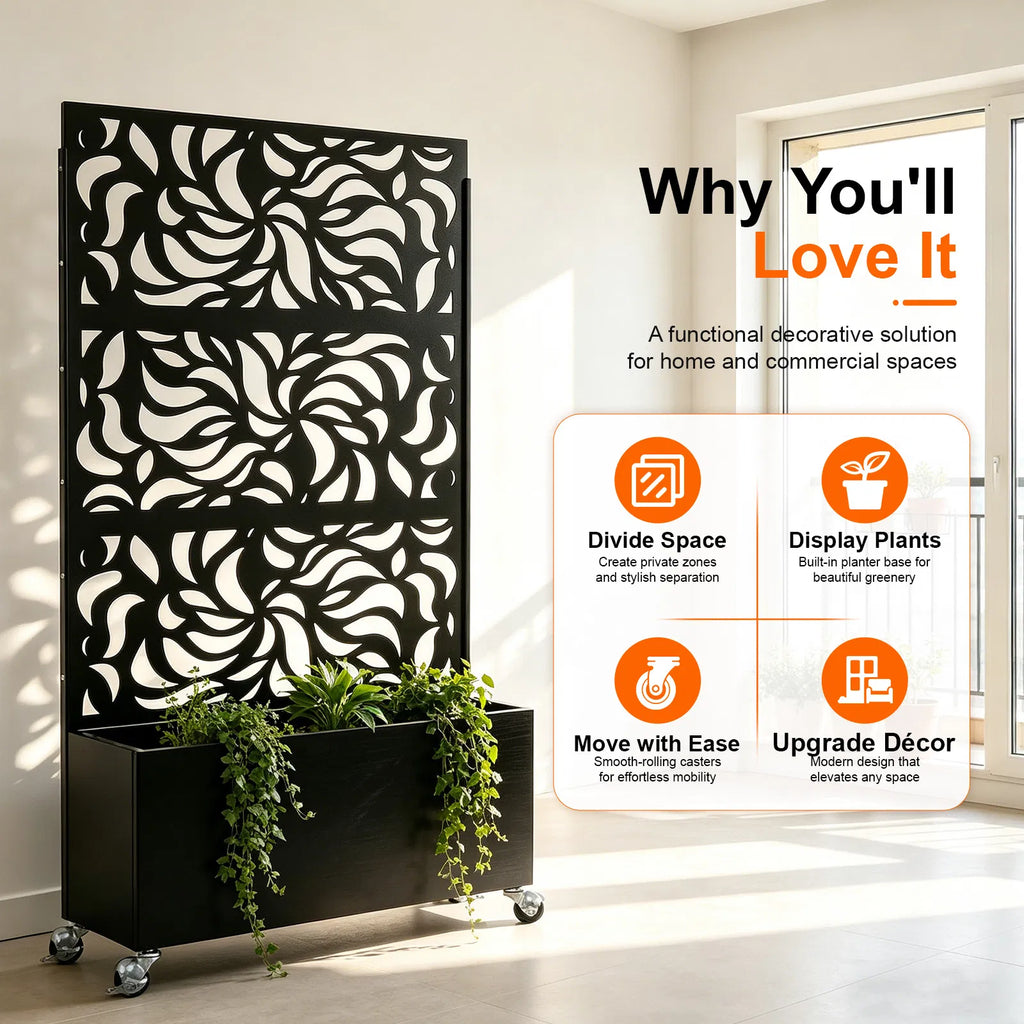 70.87" H 46.06" W Leaf Pattern Privacy Screen with Planter Box Black Metal