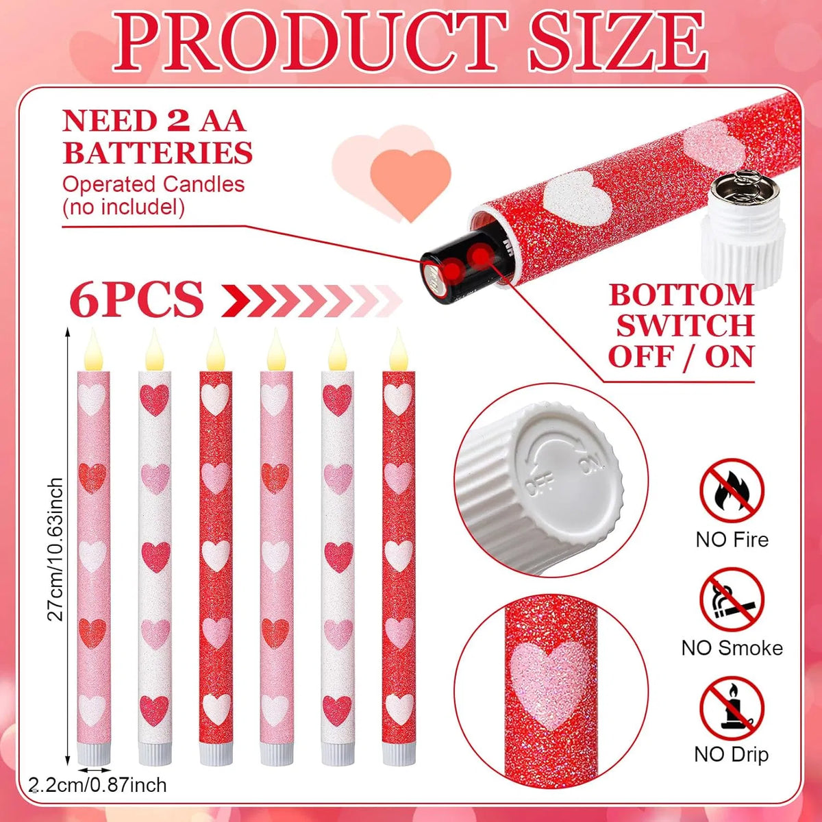 Pcs Heart Glitter Flameless Taper Candles 10 Inch Valentines Day Battery - Image 3