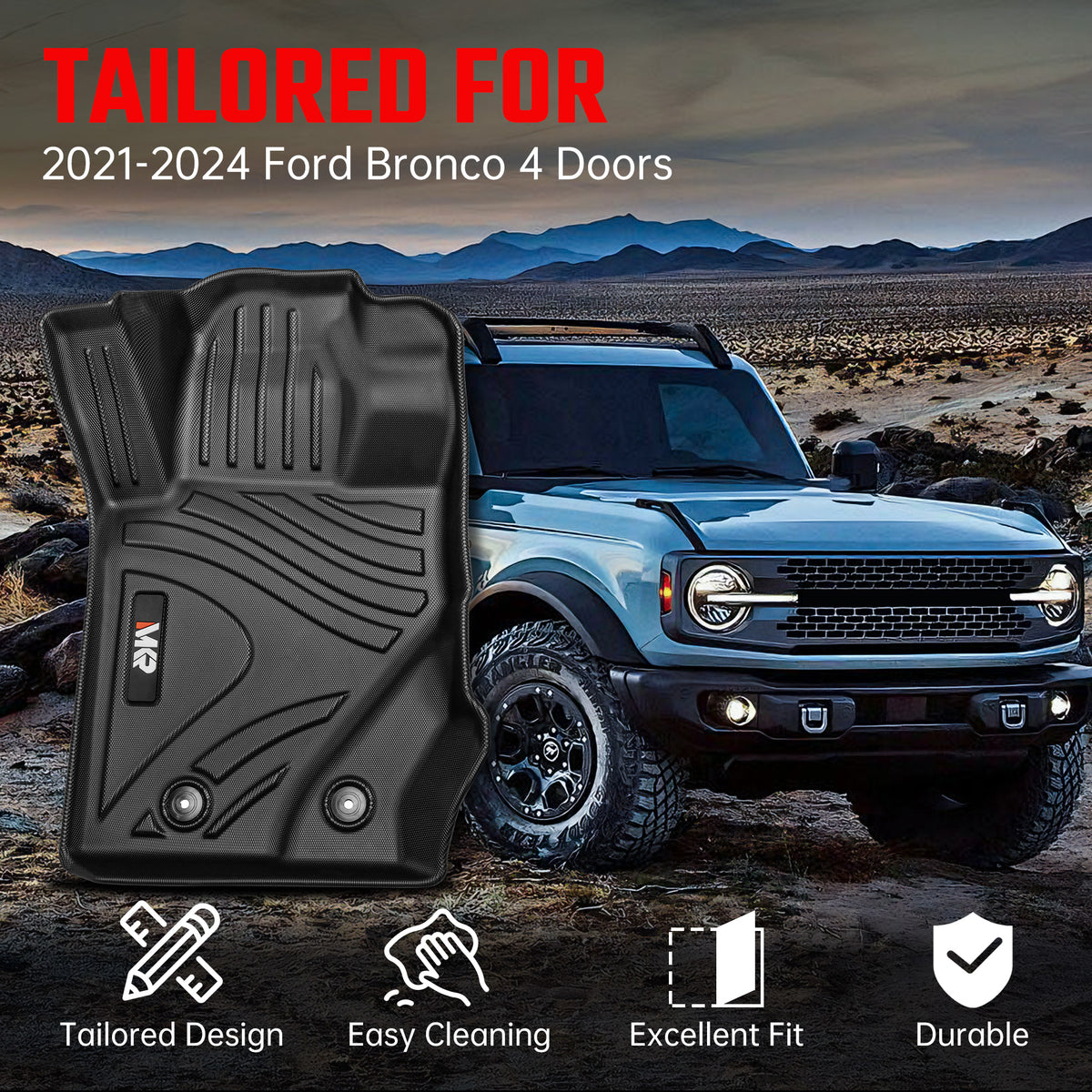 Car Floor Mats For 2021 2023 Ford Bronco 4 Doors TPE Interior Car Accessories
