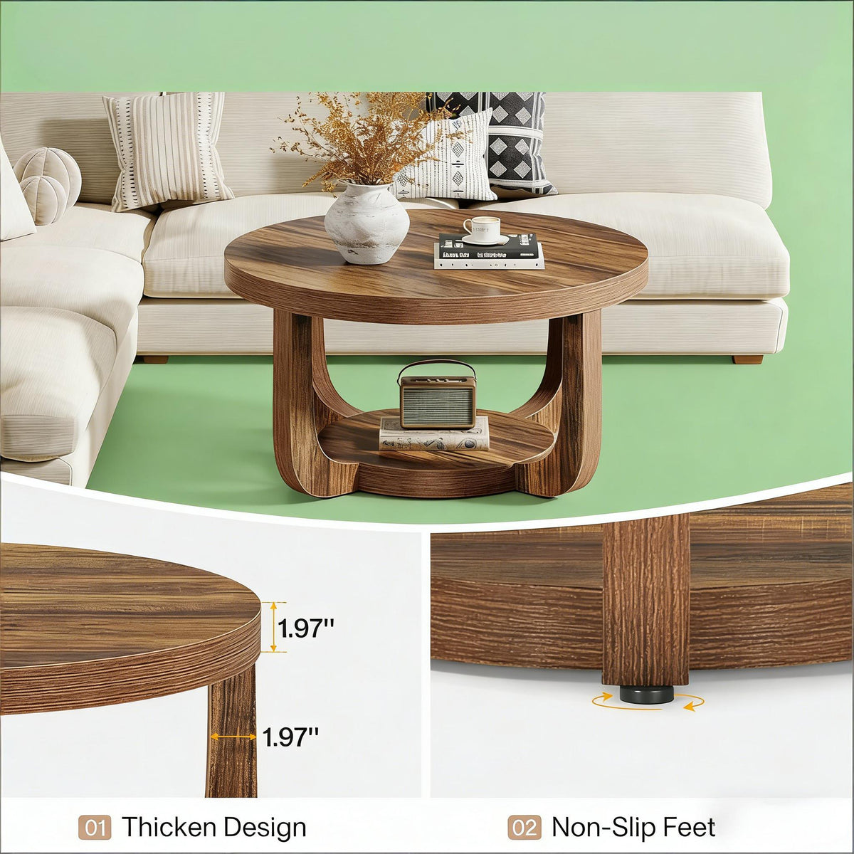 Two-Tier Round Rustic Brown Coffee Table