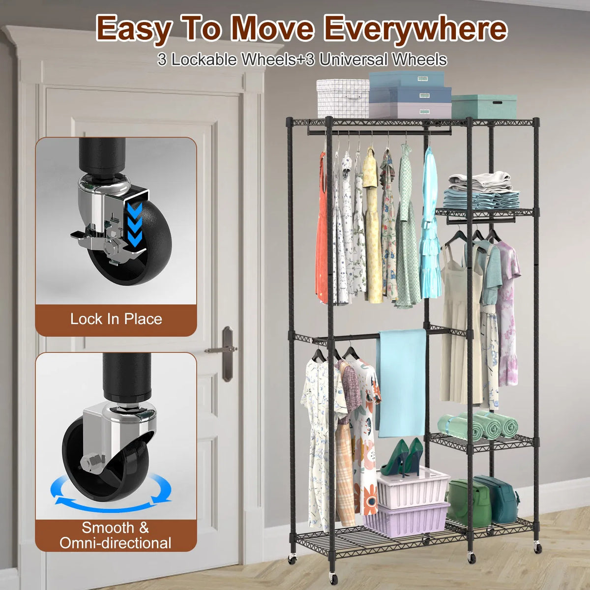 4 Tier Heavy Duty Garment Rack with 3 Hanging Rods 463LBS Capacity Rolling - Image 4