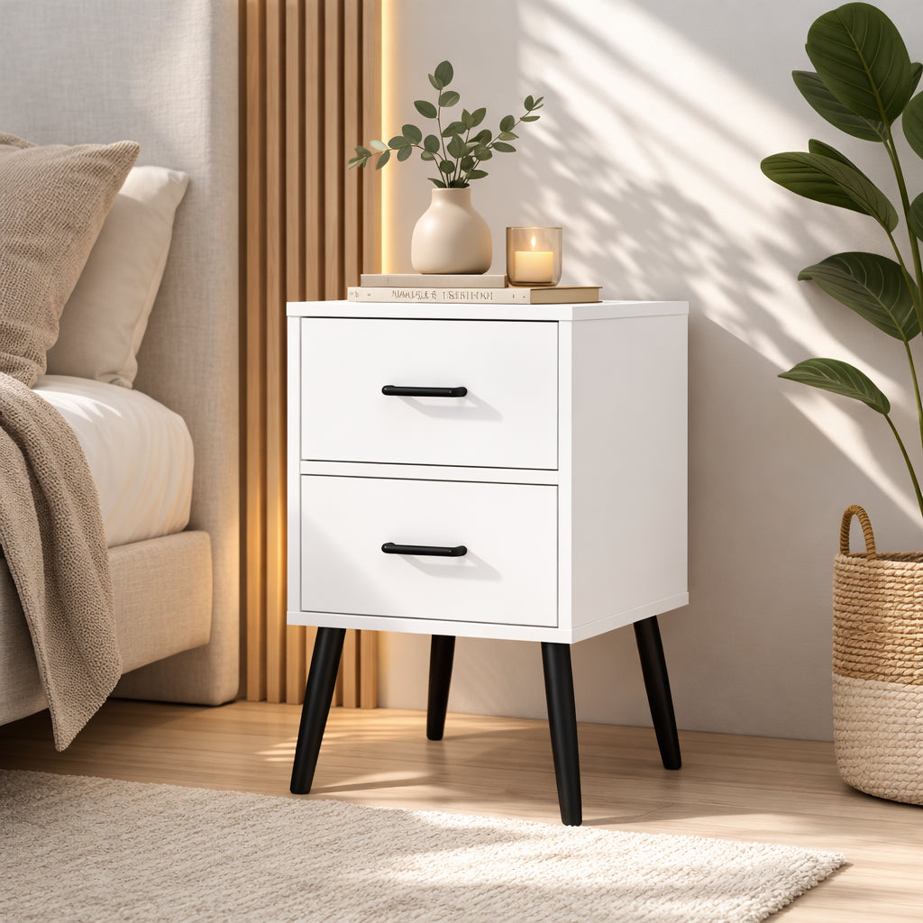 White 2-Drawer Nightstand with Metal Legs