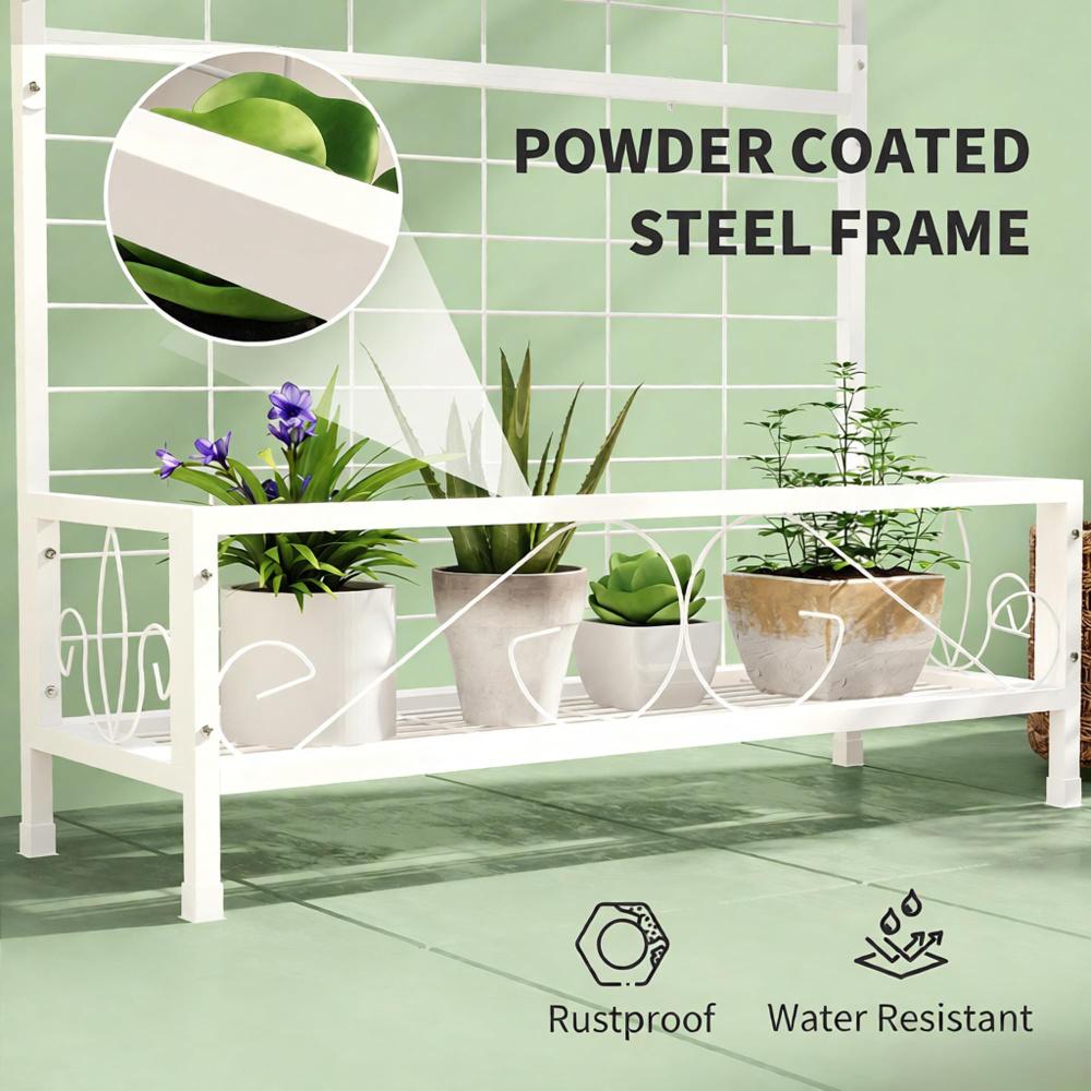 White Plant Holder Metal Tall Stand With Trellis And Hanging Bar For Indoor - In-Use and Feature Display