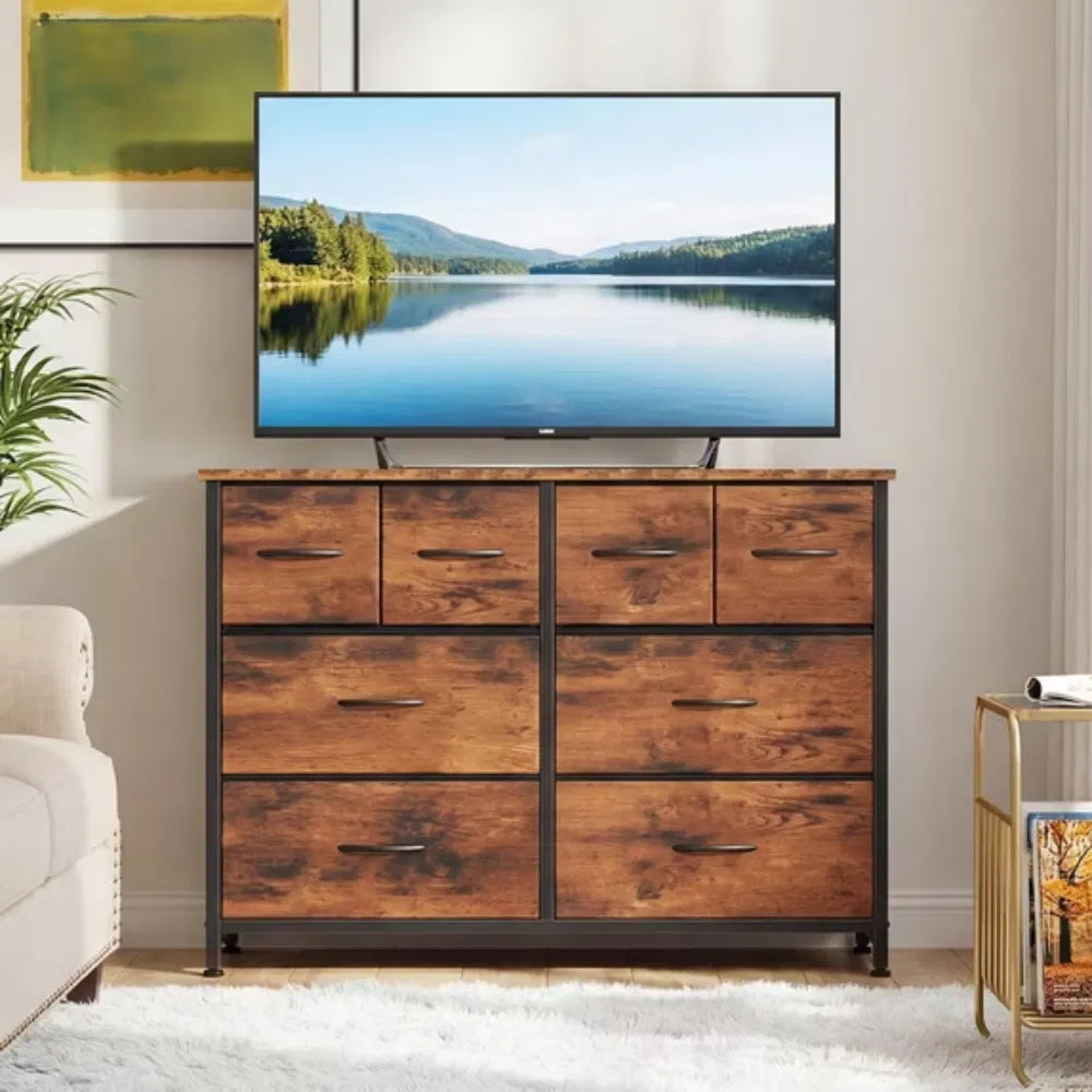 8 Drawers Fabric Cabinet Metal Frame Wide Wood Top Storage Tower TV Stand - Image 3