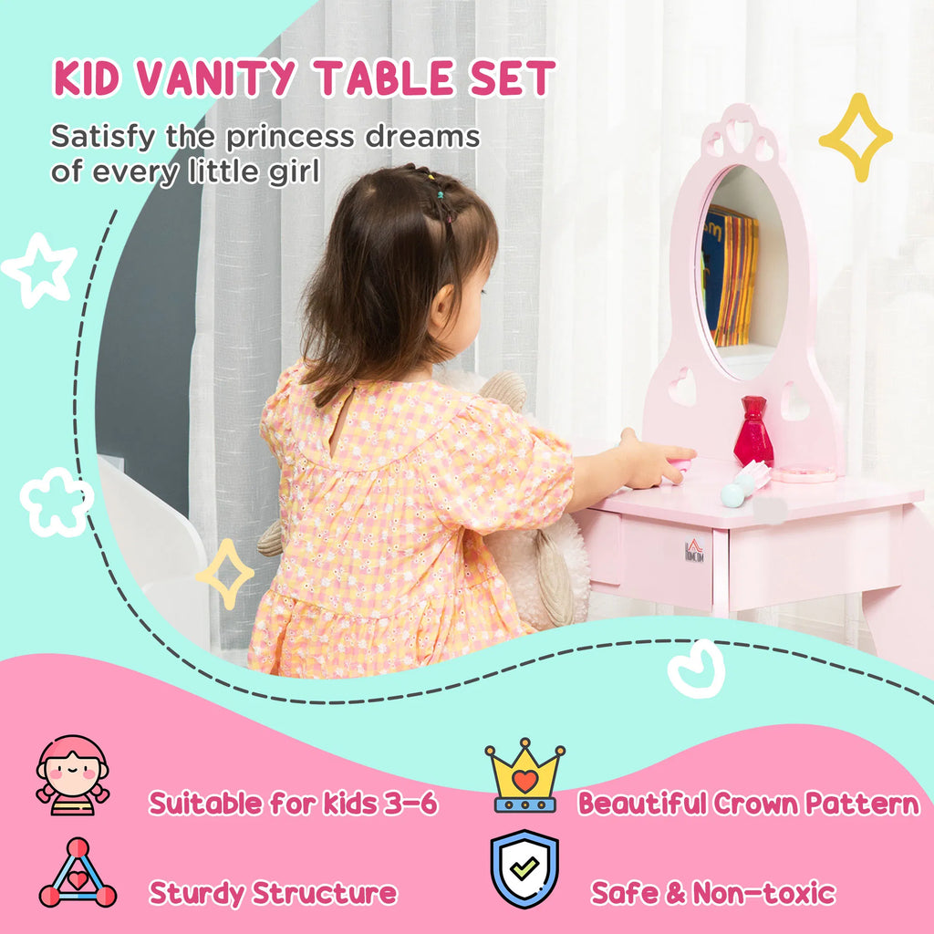 Kids Vanity Table Set with Mirror and Stool Drawer for 3 6 Years Pink - Image 2